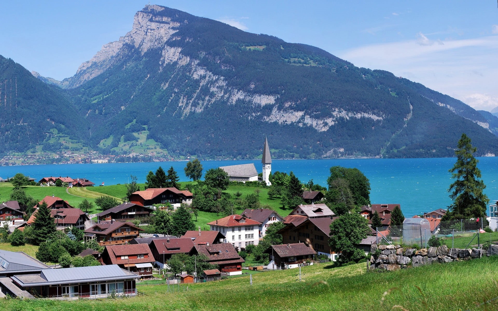 village, Lake Thun, outdoors, sky, scenics - nature, mountain range, tree, mountain peak, Switzerland, water, mountains, urban, residential district, mountain, HD Wallpaper