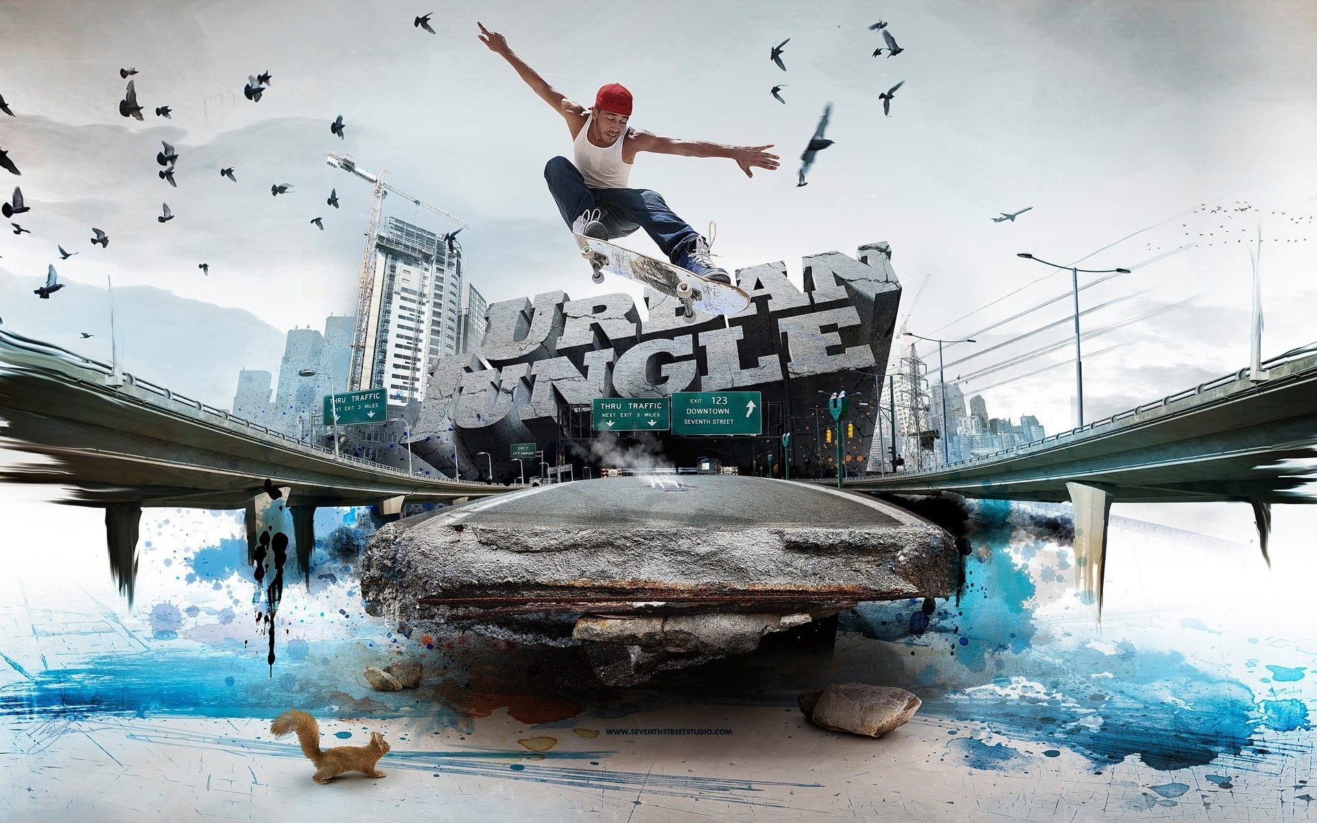 underwater, outdoors, birds, sky, water, flying, transportation, nautical vessel, mid-air, swimming pool, digital composite, full length, jungle, cityscape, HD Wallpaper