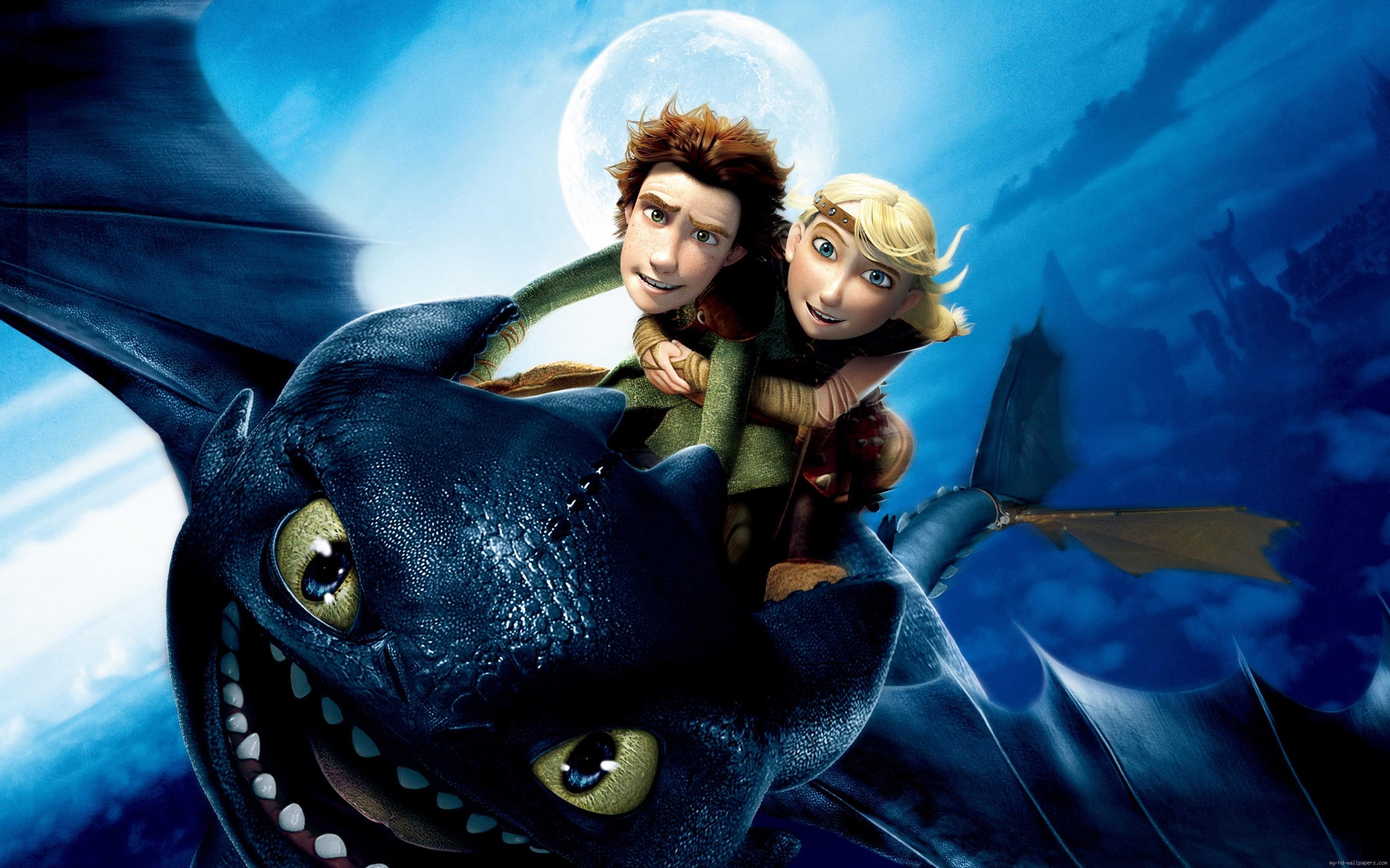 toothless, movie, hiccup, cartoon, 2K, astrid, train, dragon, scene, HD Wallpaper