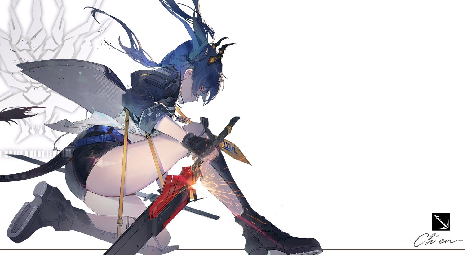 720P, anime girls, Arknights, simple background, Chen (Arknights), Kuroduki, anime, HD Wallpaper