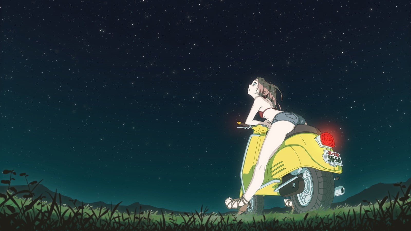 astronomy, standing, yellow, star - space, scooter, leisure activity, anime girls, plant, motorcycle, illustration, female, low angle view, FLCL, nature, HD Wallpaper