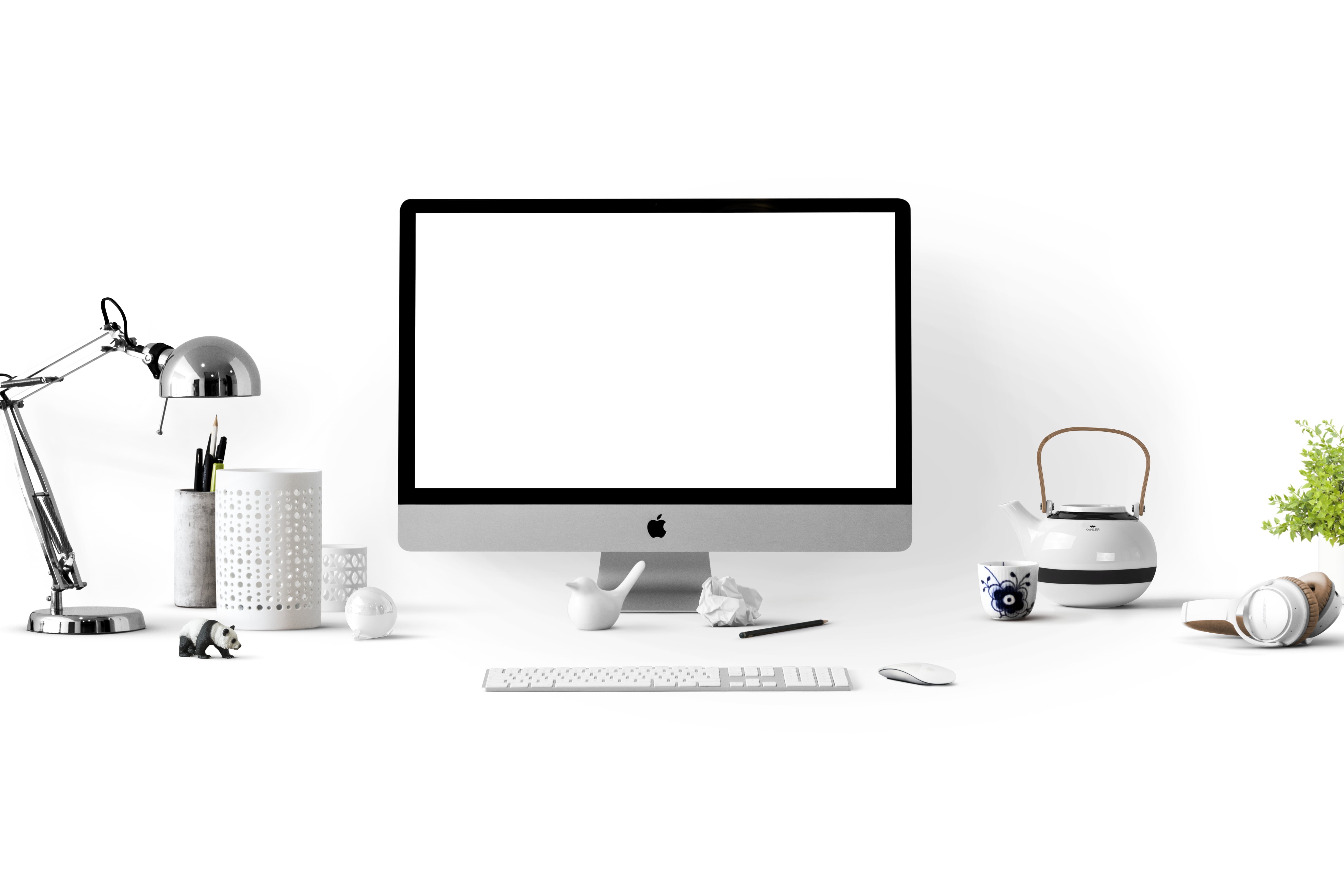 teapot, figurines, contemporary, studio shot, desktop pc, electronics, office, modern, computer equipment, table, business, lamp, flat screen, apple, pens, HD Wallpaper