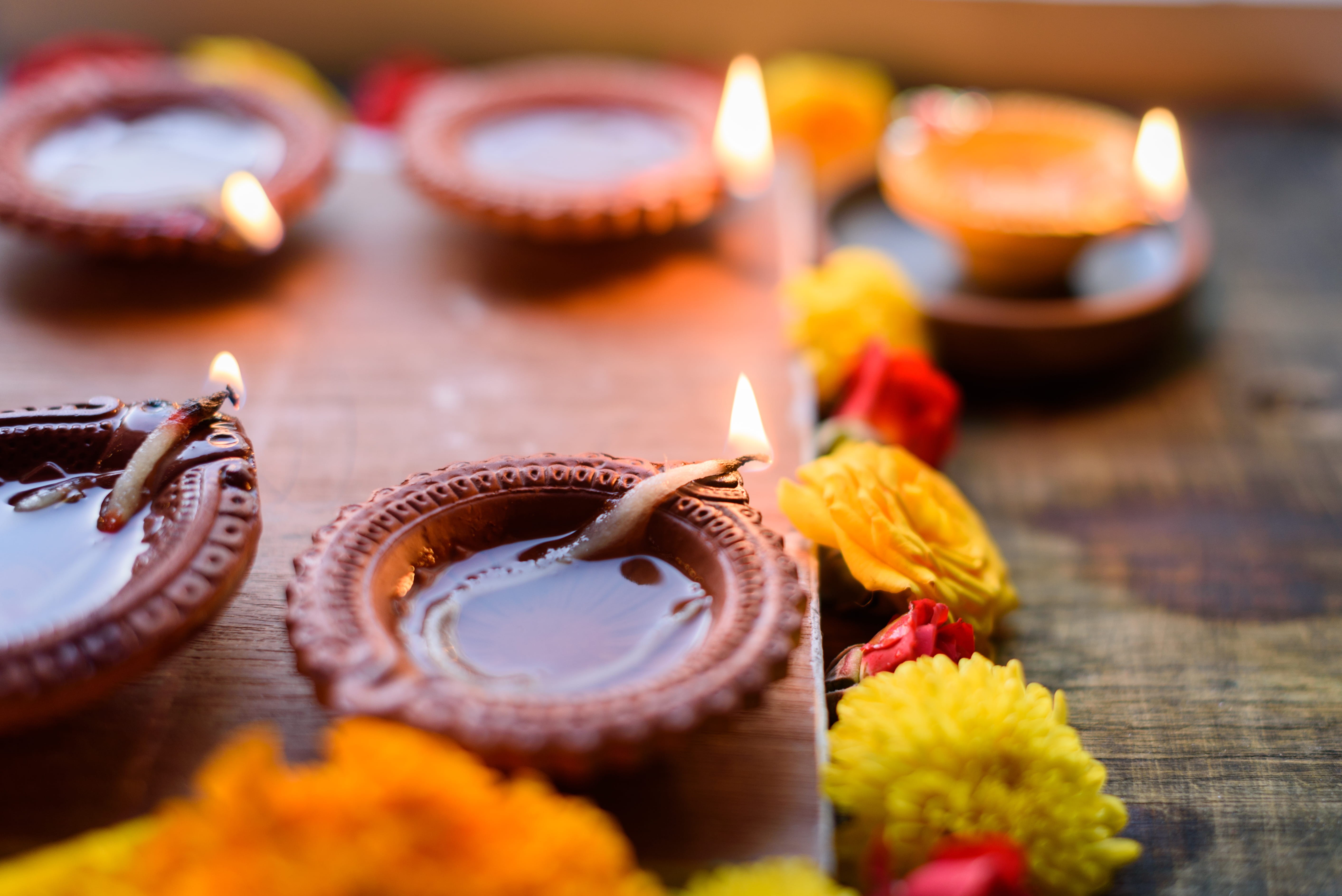 oil lamp, confectionery, fire, india, selective focus, religion, no people, light, handmade candle, flowers, dessert, diya, sweets, creme, heat - temperature, HD Wallpaper
