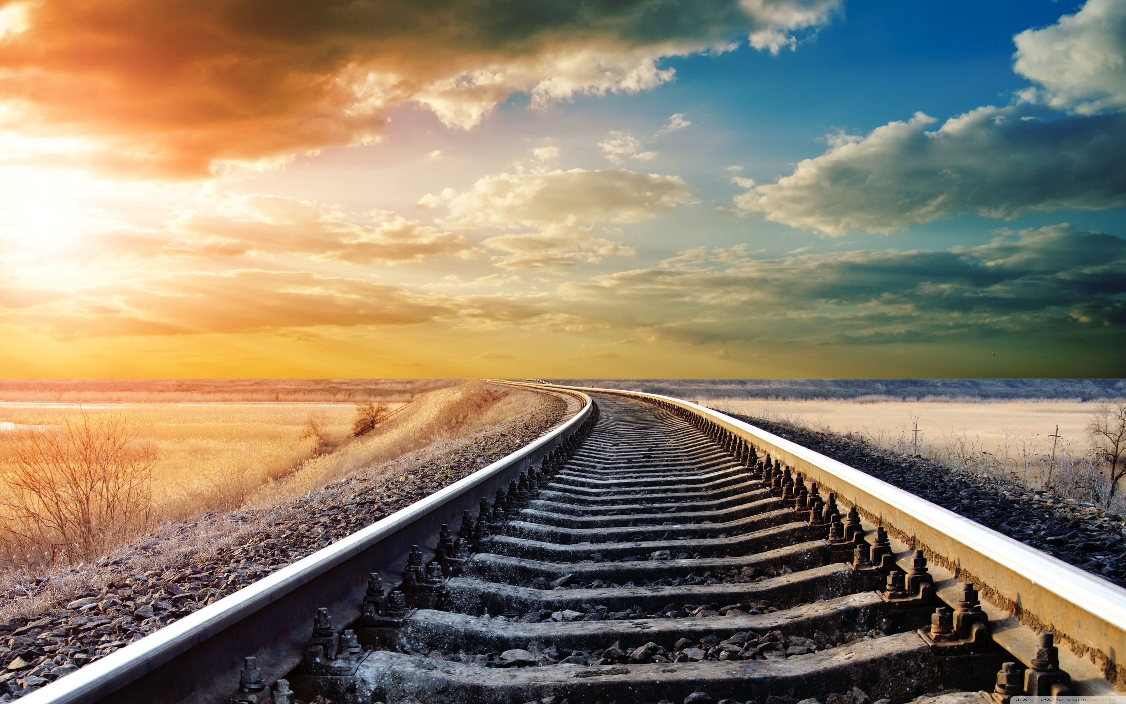 4K, sunset, winter, railway, HD Wallpaper