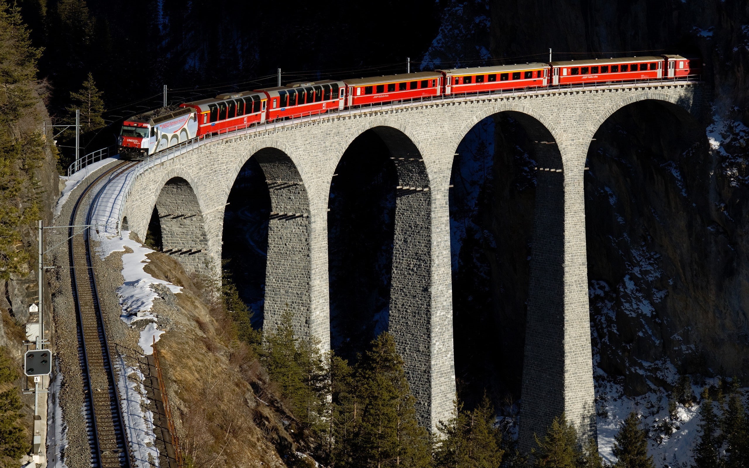 nature, Switzerland, forest, snow, railway, mountains, arch, winter, hills, bridge, train, trees, 2K, HD Wallpaper