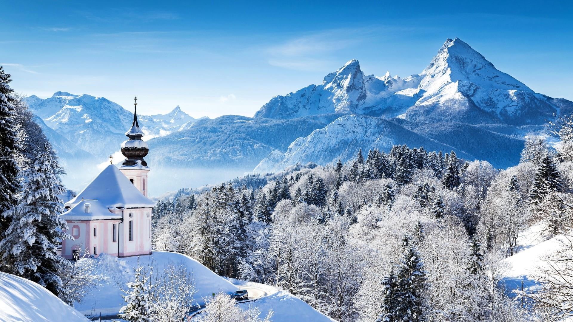 fir, belief, wallfahrtskirche maria gern, no people, place of worship, beauty in nature, building exterior, architecture, village, freezing, maria gern, HD Wallpaper