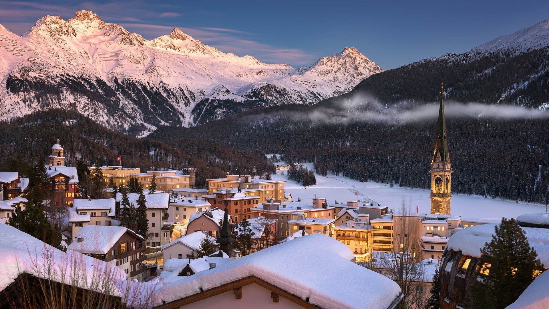 covering, nature, mountain, mountain village, high angle view, winter, sky, scenics - nature, no people, sankt moritz, europe, hill station, built structure, HD Wallpaper