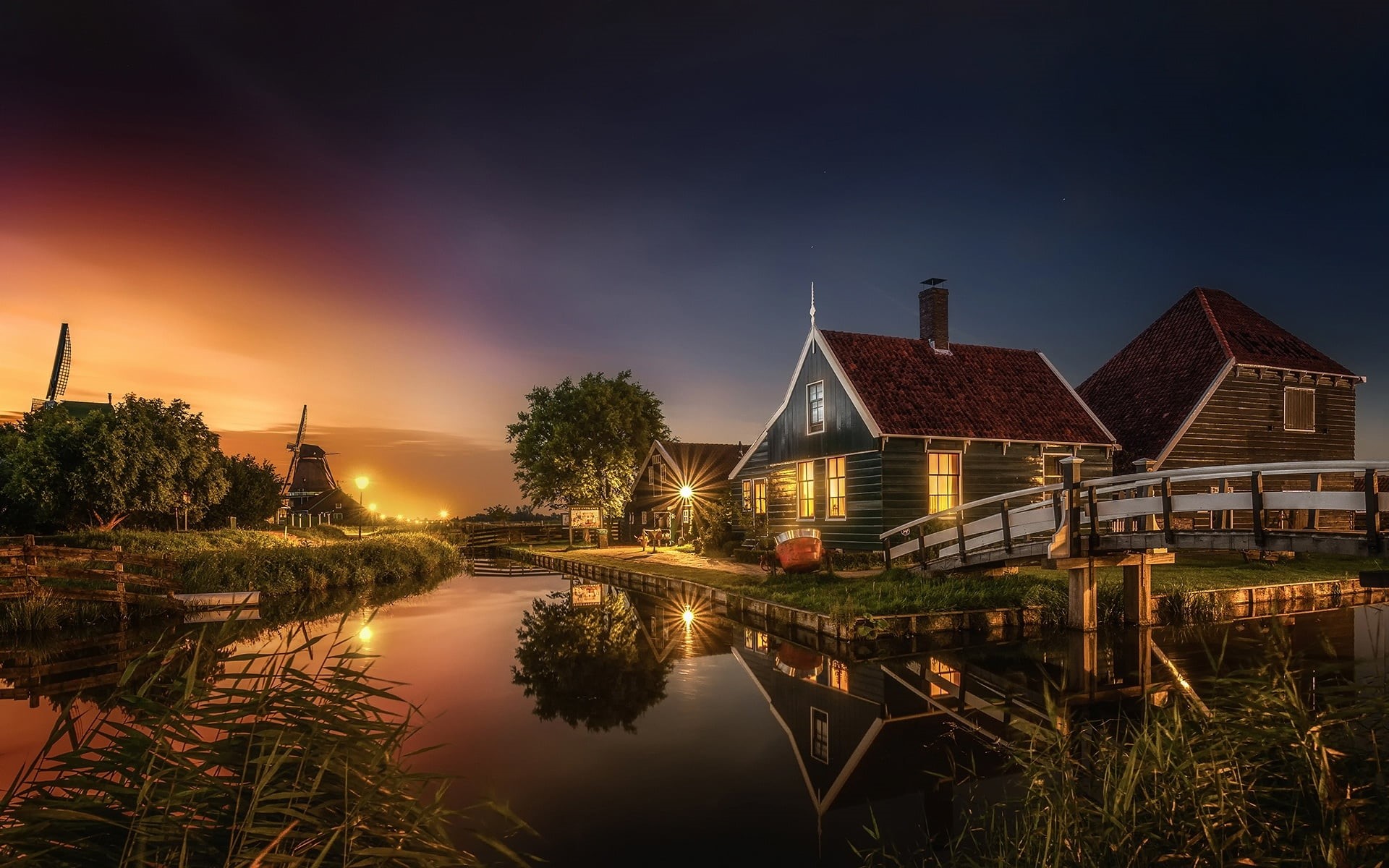 building, house, lights, plant, sky, waterfront, white, nature, architecture, sunset, reflection, night, cloud - sky, 1080P, no people, building exterior, HD Wallpaper