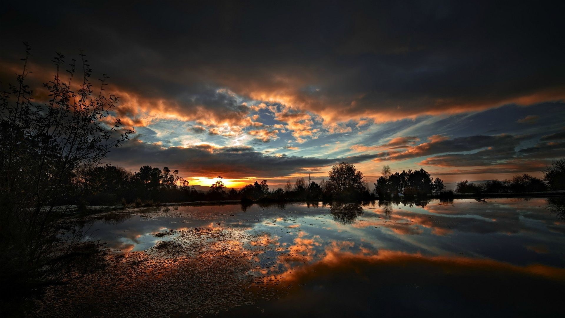 orange color, 1080P, water, clouds, HDR, sunset, tree, idyllic, beauty in nature, plant, reflection, non-urban scene, golden, tranquility, scenics - nature, HD Wallpaper