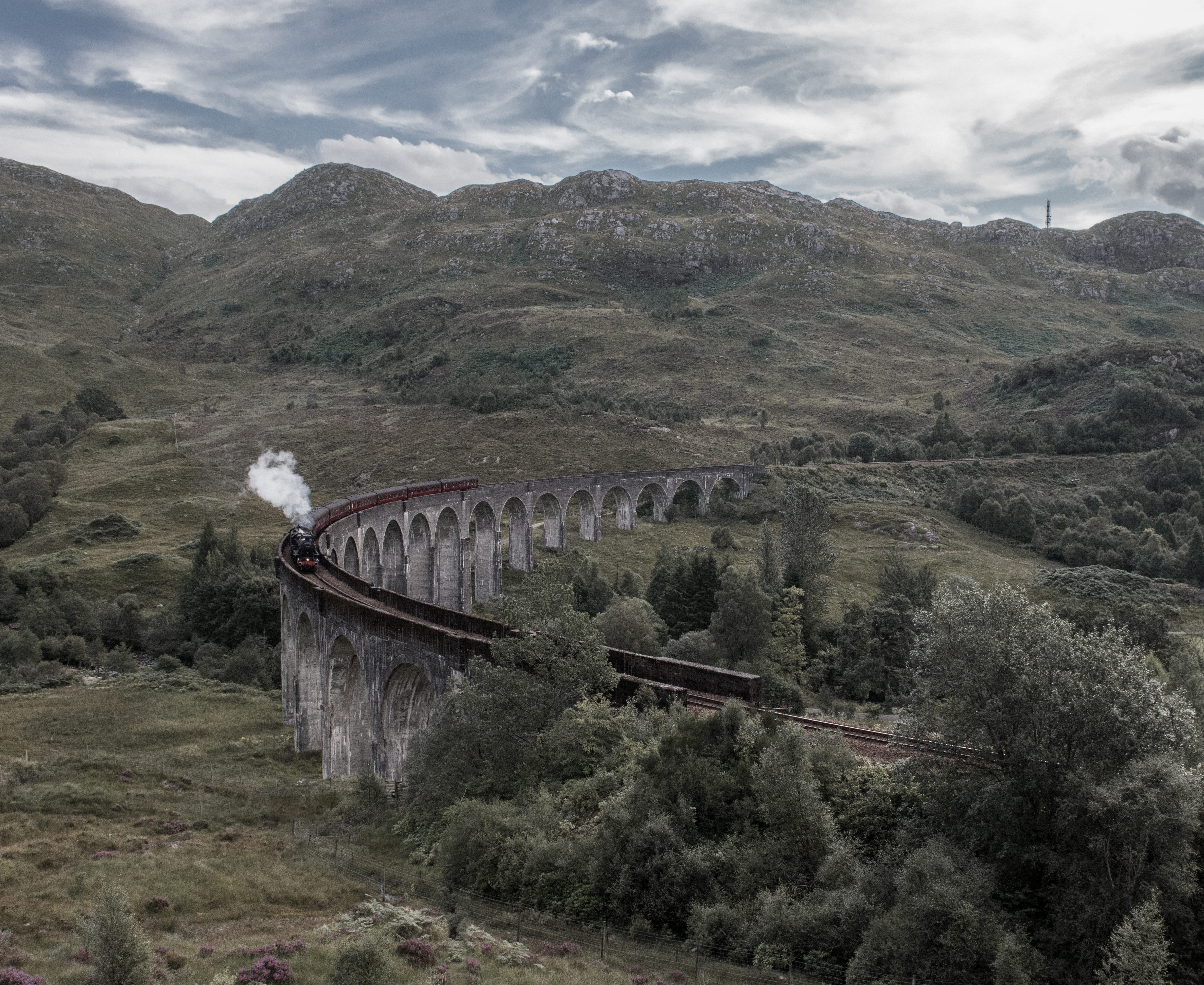 built structure, tree, cloud - sky, travel, mountain range, train track, steam train, sky, still, landscape, screenshot, outdoors, potter, 4K, environment, HD Wallpaper