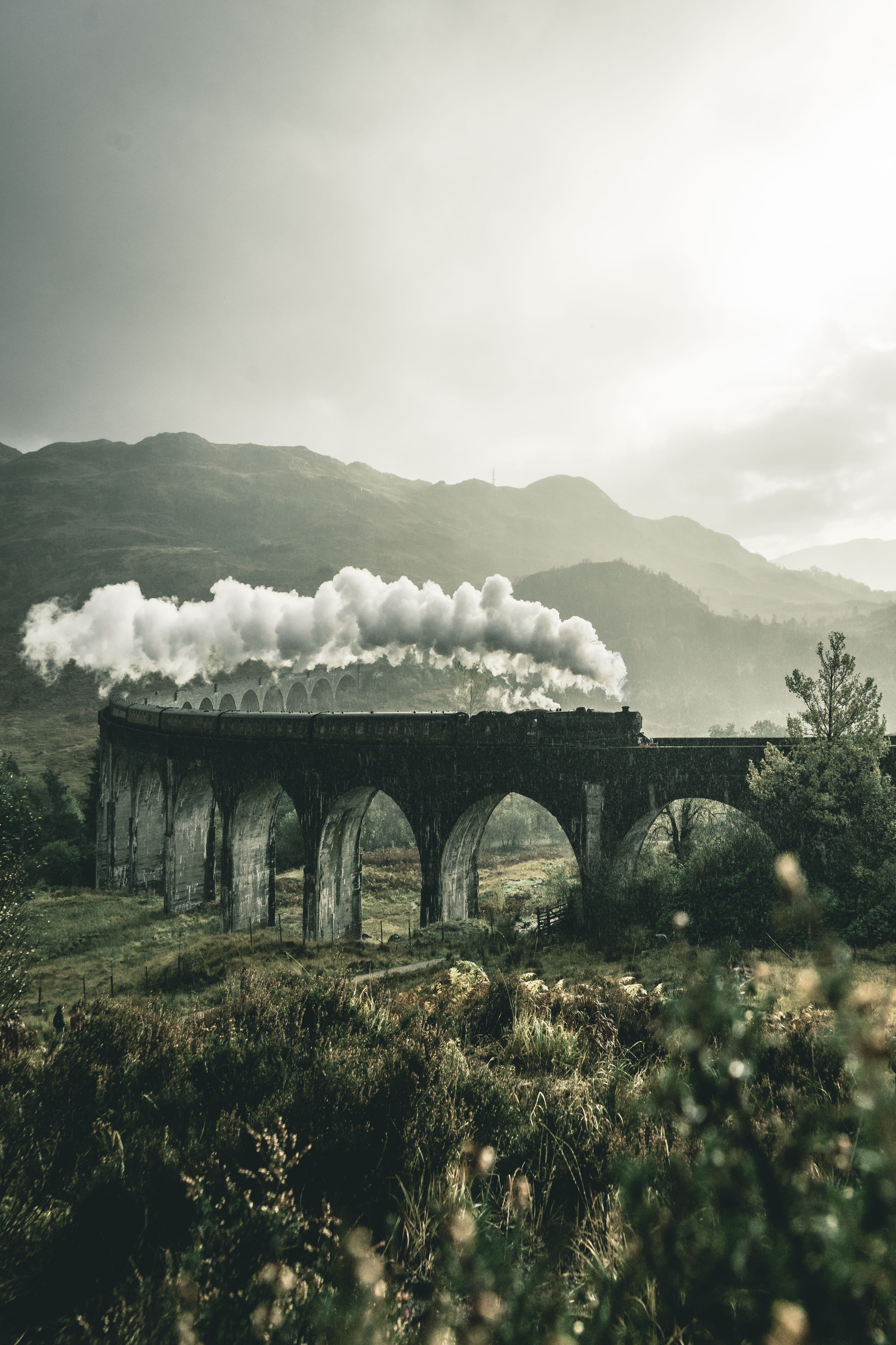 arch, black, no people, grey, green, architecture, 5K, pattern, tree, smoke, mood, sky, clouds, daytime, outdoors, railway, transportation, cloudy, cloud - sky, Phone HD Wallpaper