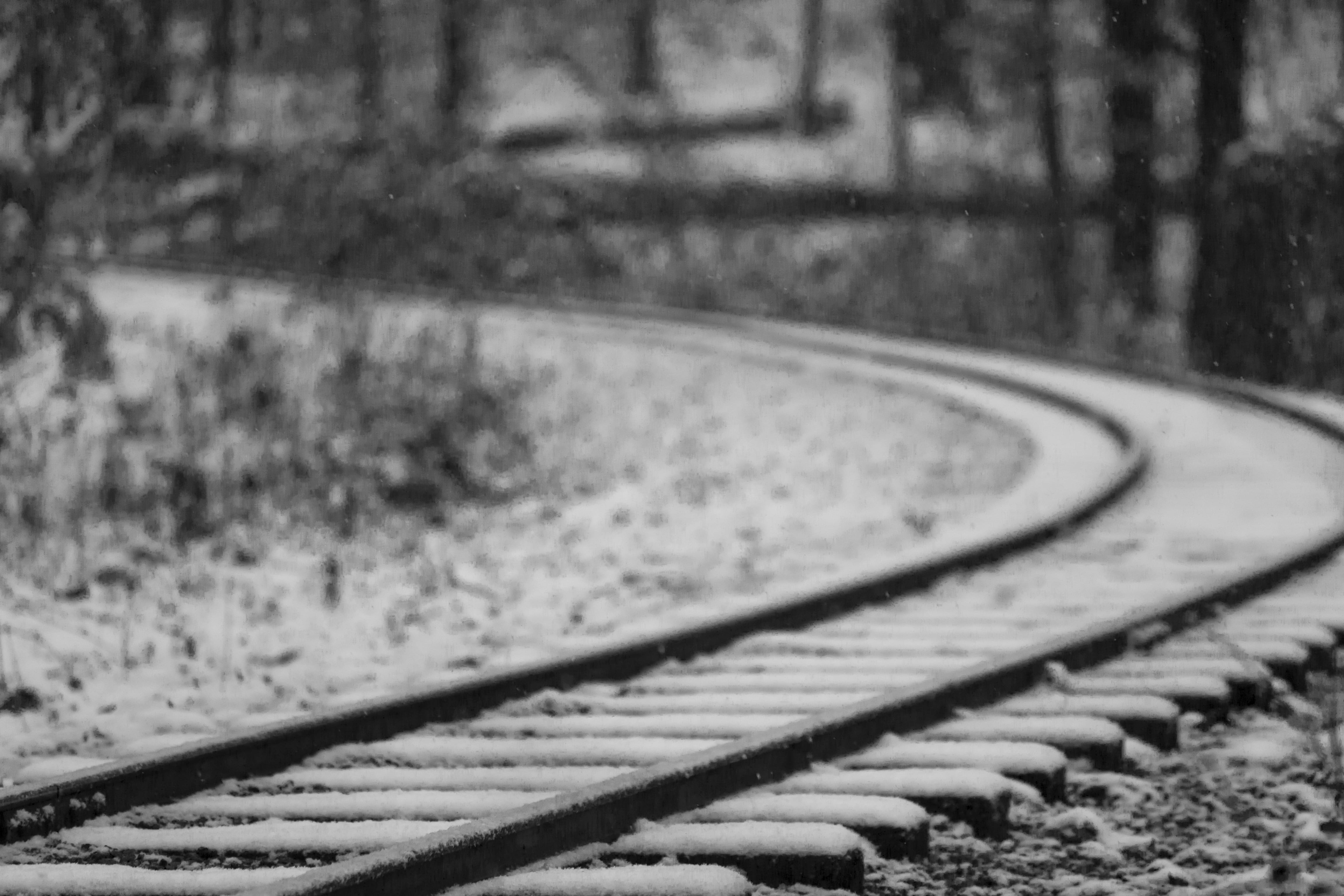 no people, curve, rail transportation, railroad track, mode of transportation, grayscale, public transportation, long, direction, metal, photography, focus on foreground, HD Wallpaper