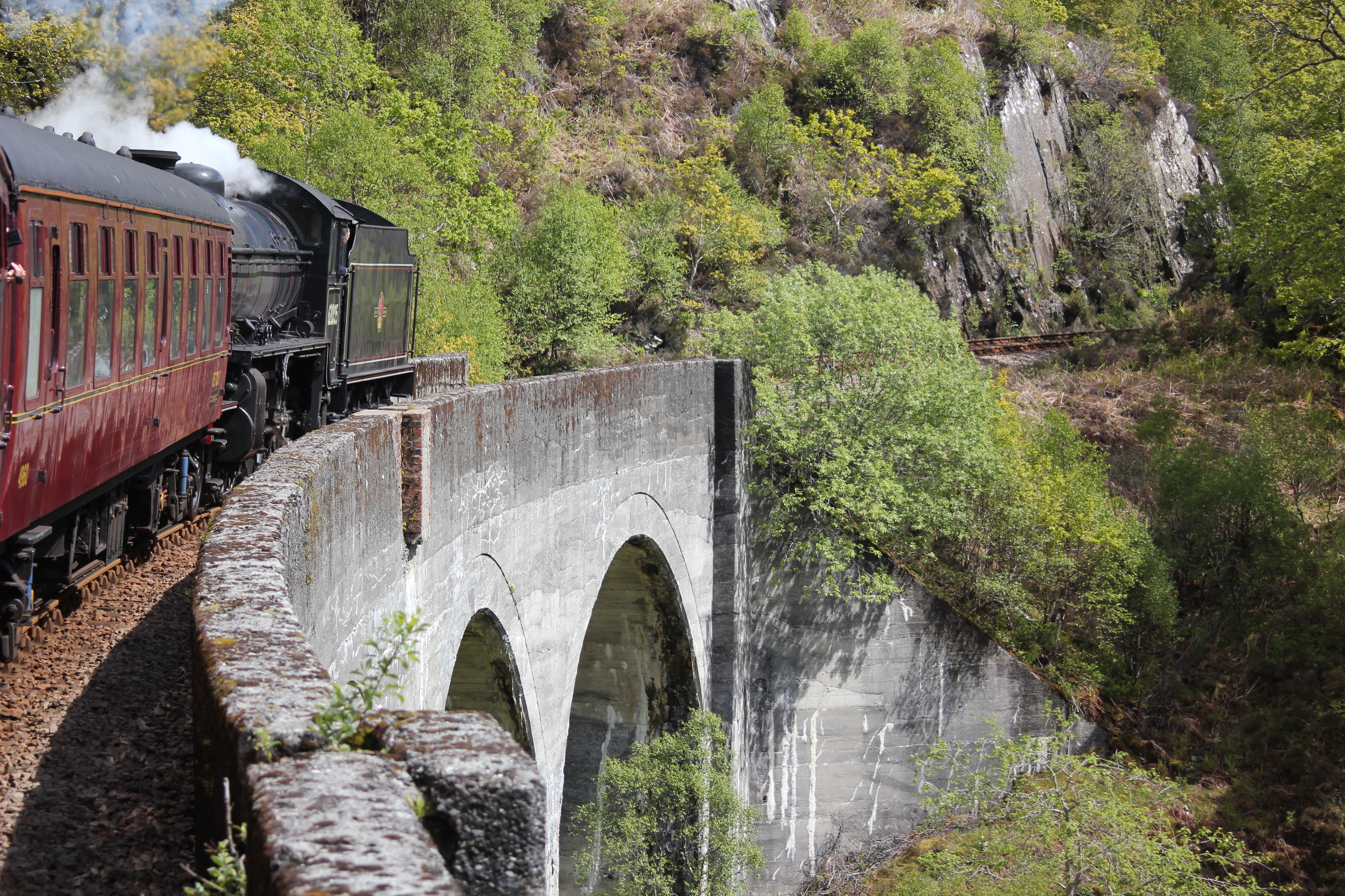 flowing water, arch bridge, motion, nature, black, water, transportation, daytime, plant, tree, arch, outdoors, running, green color, connection, 5K, jacobite steam train, HD Wallpaper