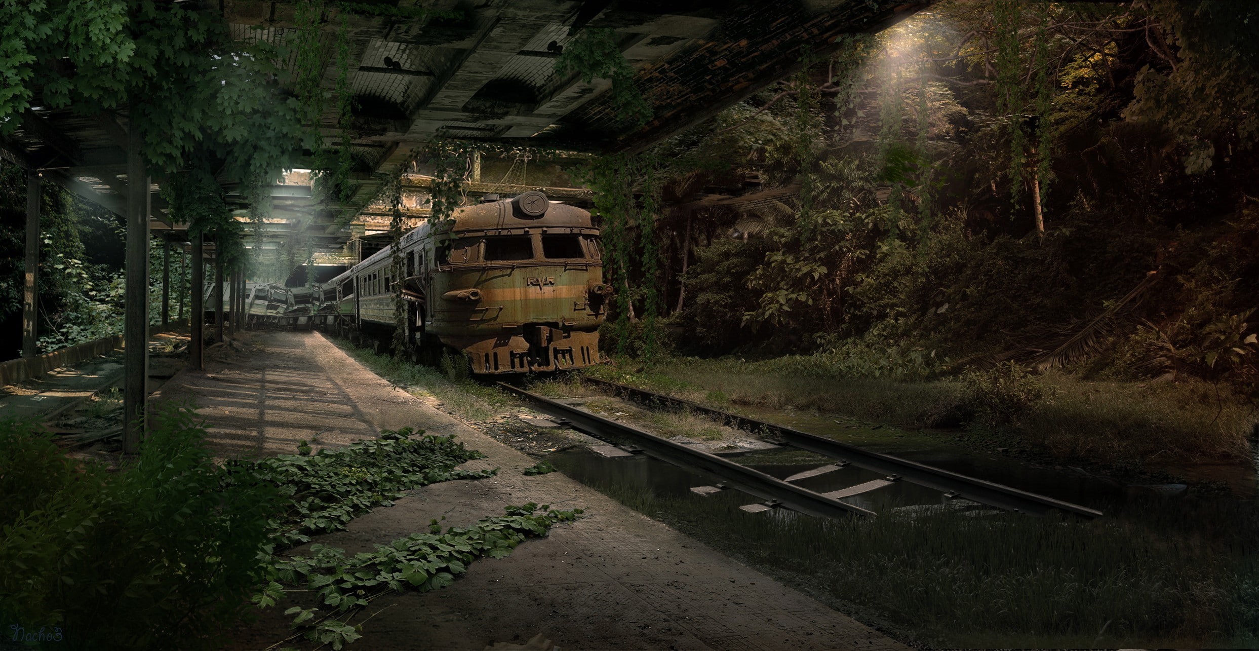 abandoned, railway, apocalyptic, subway, 1080P, digital art, train, HD Wallpaper
