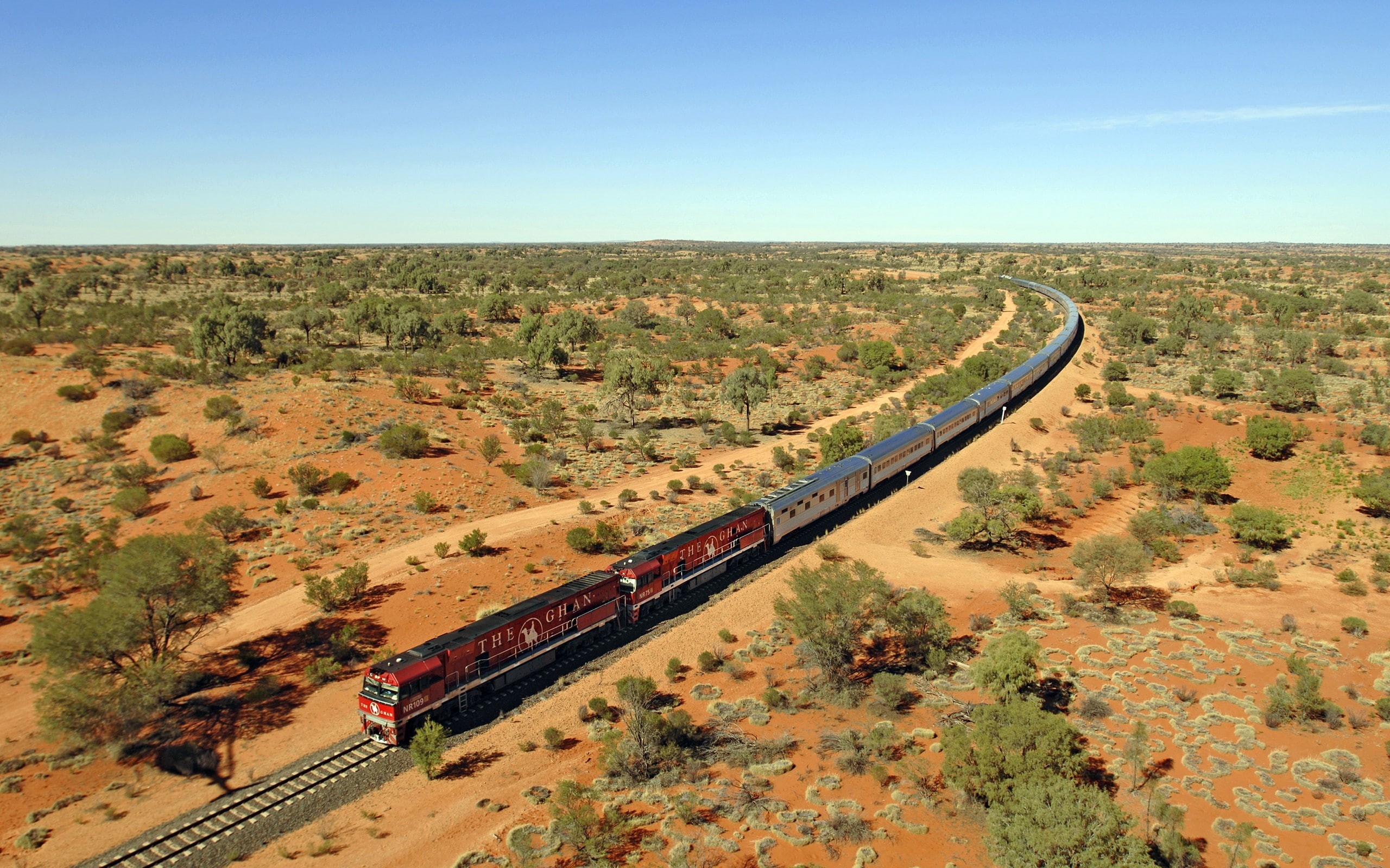 rail transportation, high angle view, sky, horizon, railroad track, no people, mode of transportation, clear sky, nature, freight transportation, train, HD Wallpaper