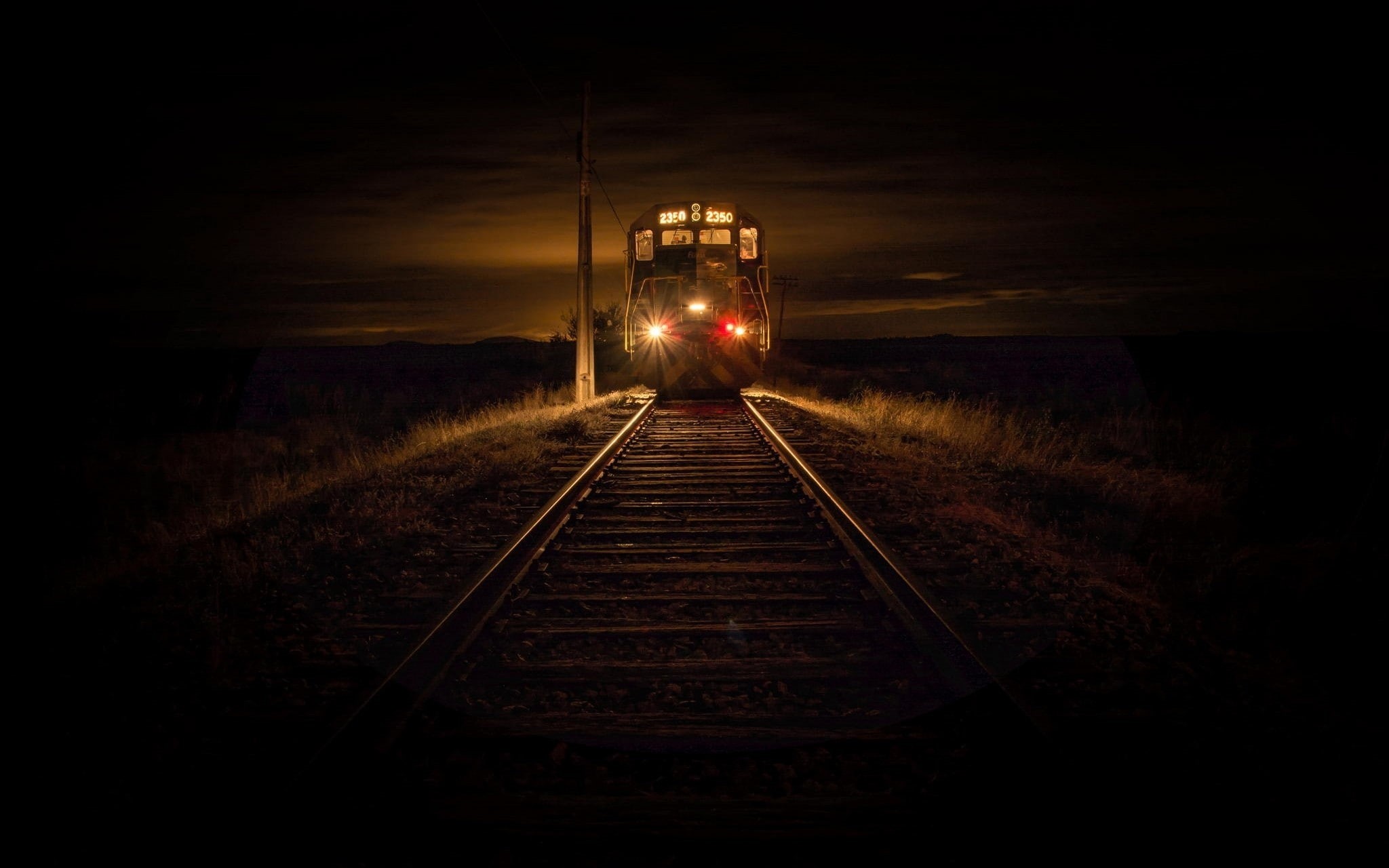2350, nature, evening, 1080P, lights, train, technology, dry grass, diesel locomotive, railway, Chile, landscape, HD Wallpaper