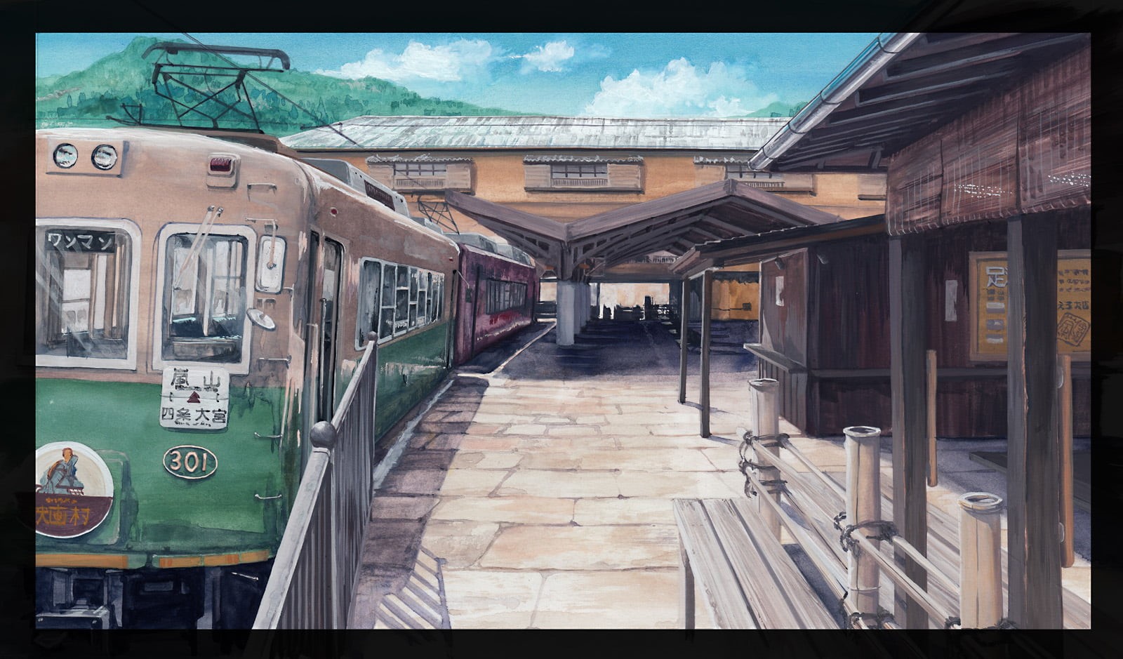 day, transfer print, city, railroad station, nature, 720P, incidental people, digital art, building exterior, building, architecture, mode of transportation, HD Wallpaper