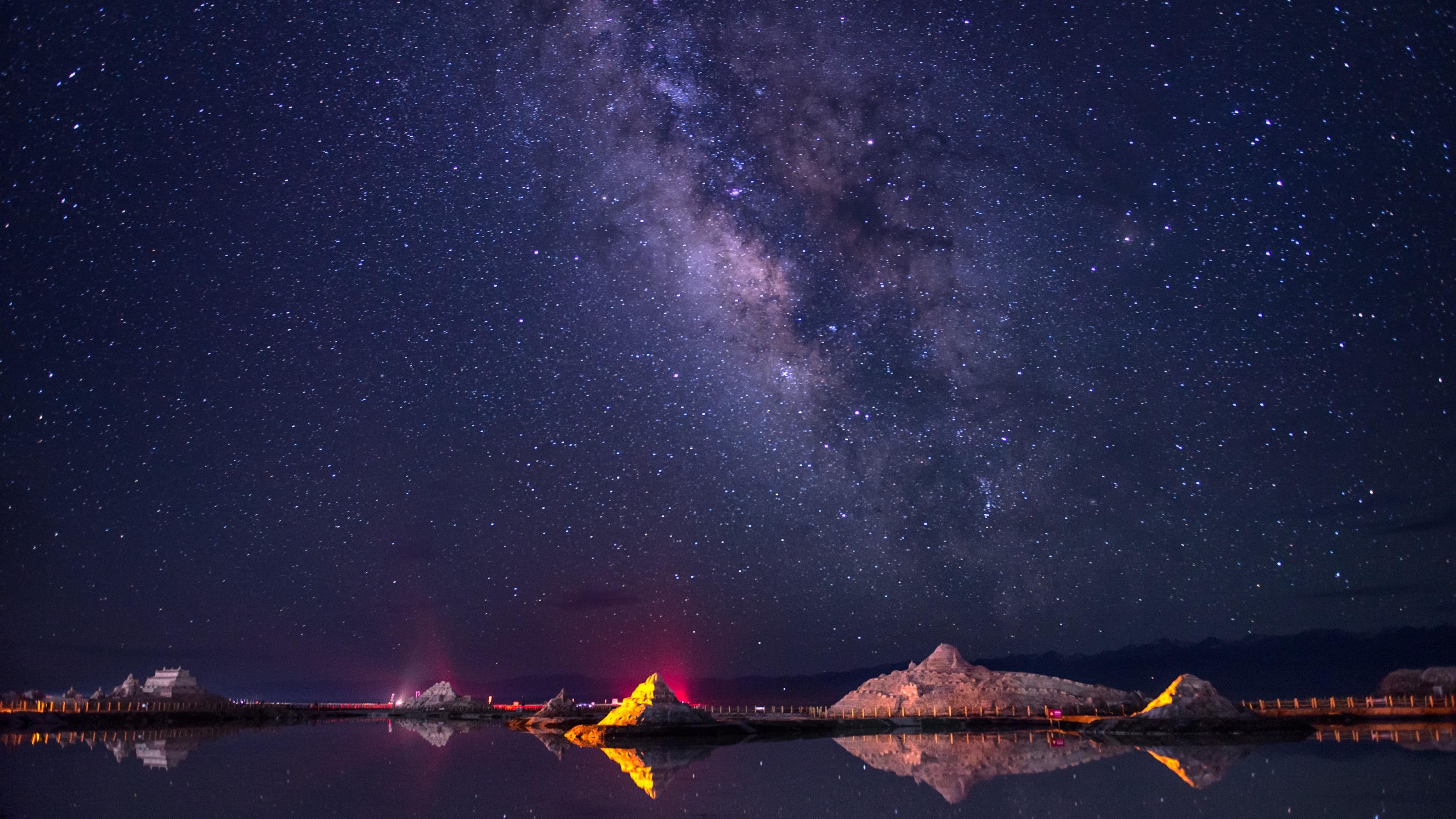 starry night, chakayan lake, tibetan plateau, ulan, starry sky, galaxy, chaka salt lake, lake, milky way, night sky, night, tea card salt lake, stars, tibet, HD Wallpaper