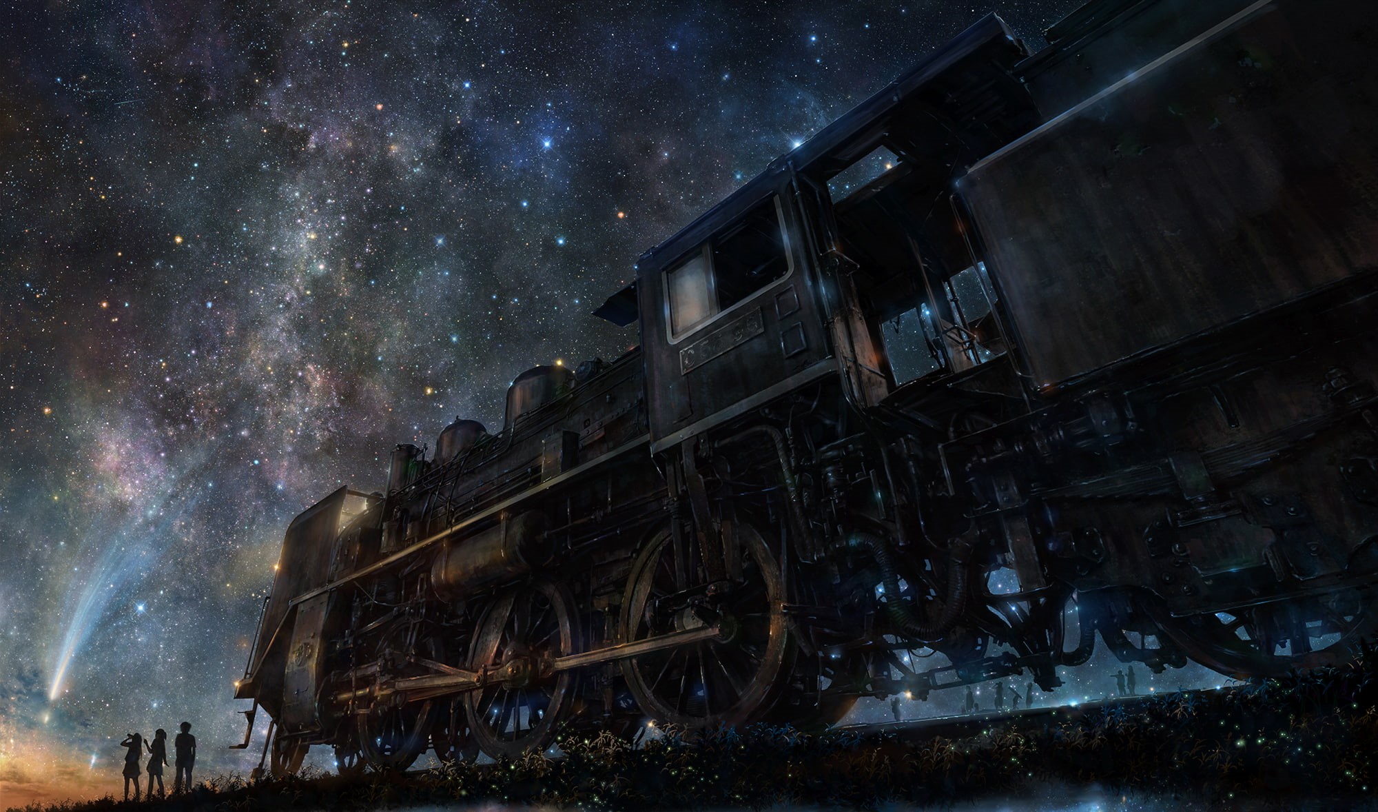 space, group of people, Iy Tujiki, artwork, digital art, train, fantasy art, 1080P, stars, railway, sky, starry night, anime, night, HD Wallpaper