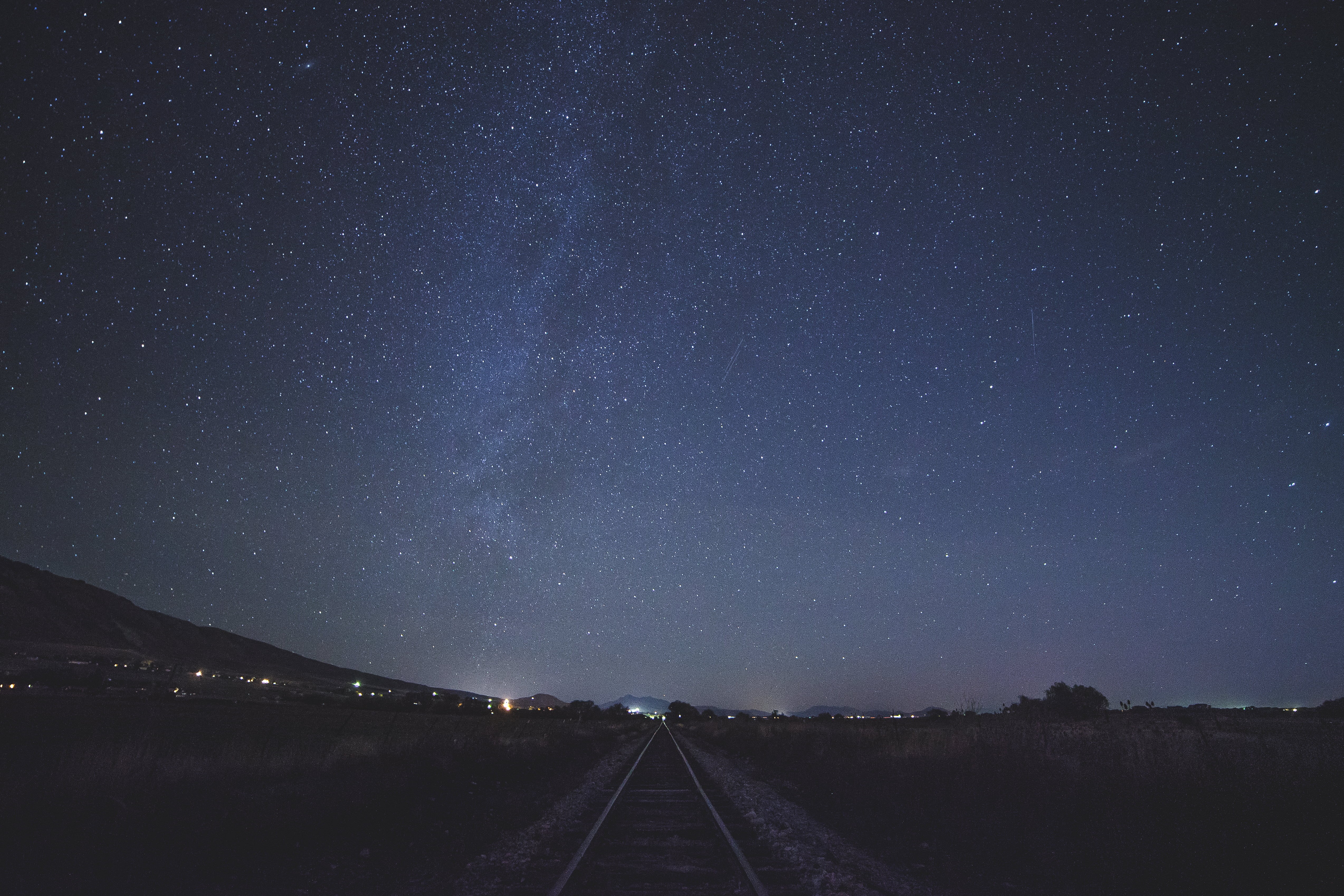 railroad, no people, sky, non-urban scene, galaxy, night, lights, the way forward, tranquil scene, vanishing point, star, beauty in nature, photo, silhouette, HD Wallpaper