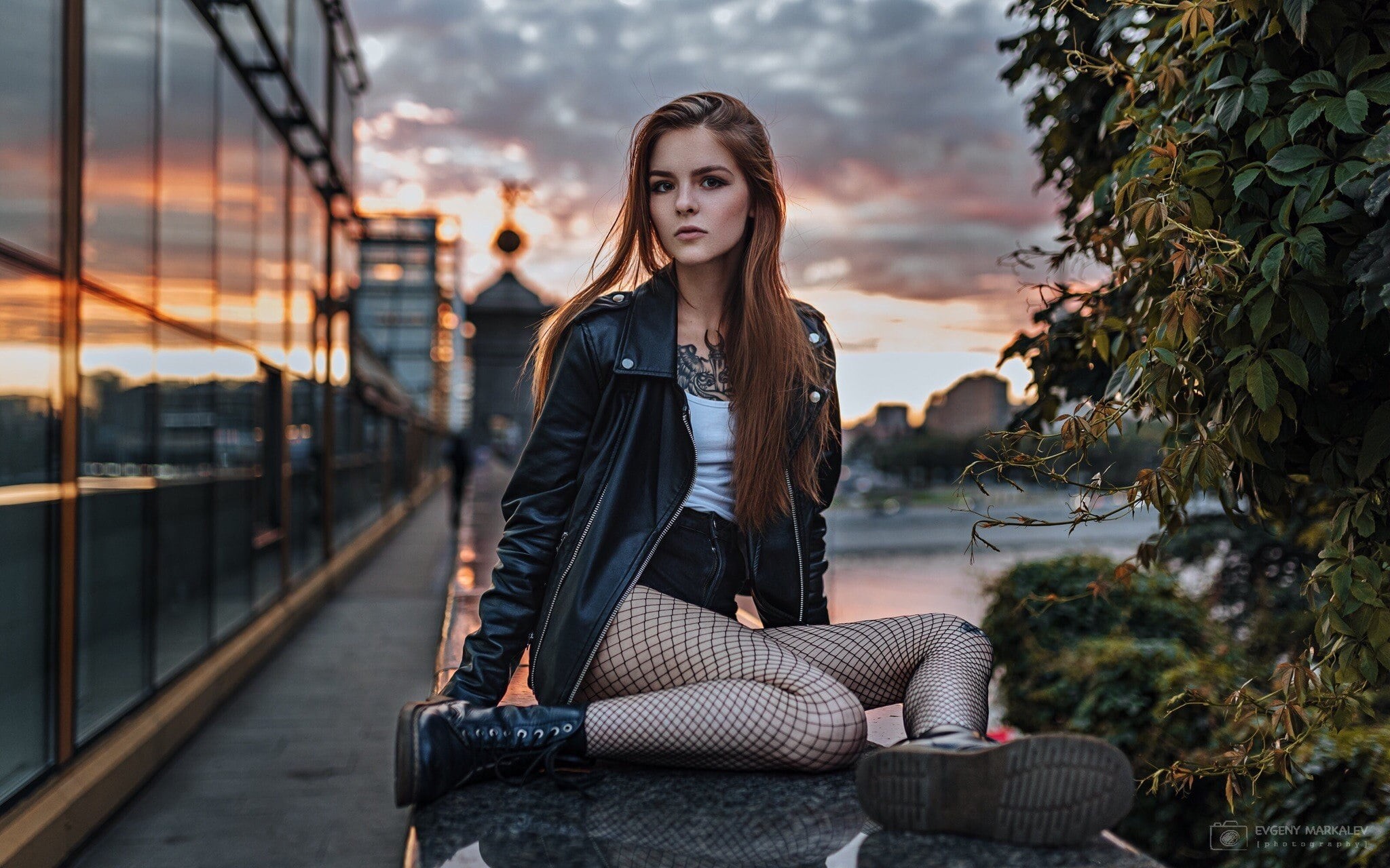long hair, beautiful woman, full length, contemplation, adult, young women, hair, leisure activity, sky, sunlight, model, women outdoors, brunette, leather jackets, HD Wallpaper