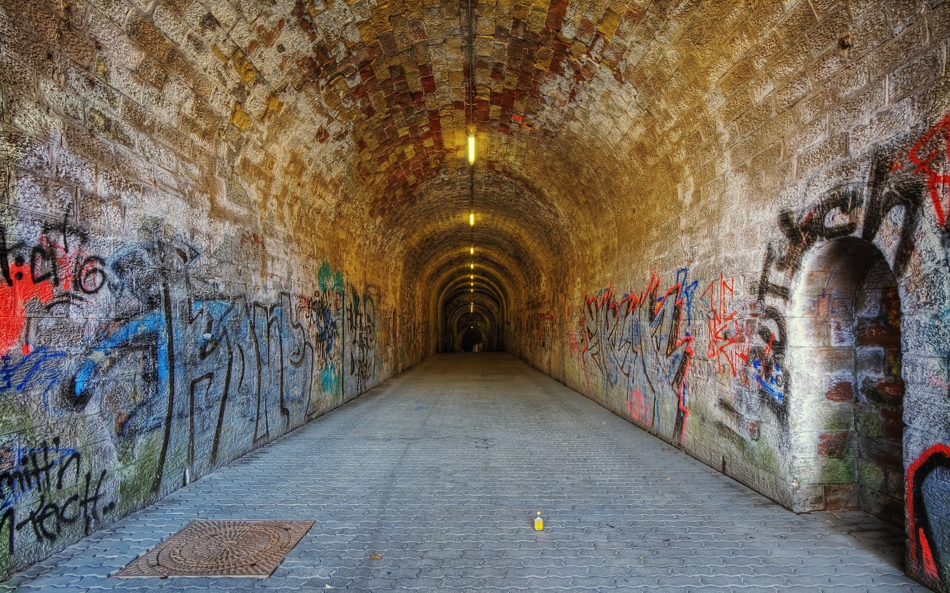 brown, tunnel, lighting equipment, beige, arcade, abandoned, diminishing perspective, concrete, 1080P, ceiling, direction, building, wall - building feature, HD Wallpaper