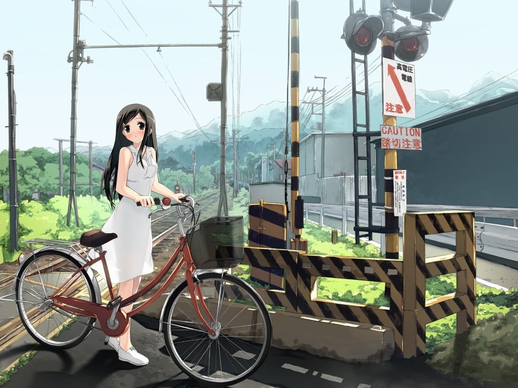 holding, architecture, anime, standing, casual clothing, dutch, lifestyles, day, young adult, front view, bicycle, mode of transportation, girl, women, HD Wallpaper