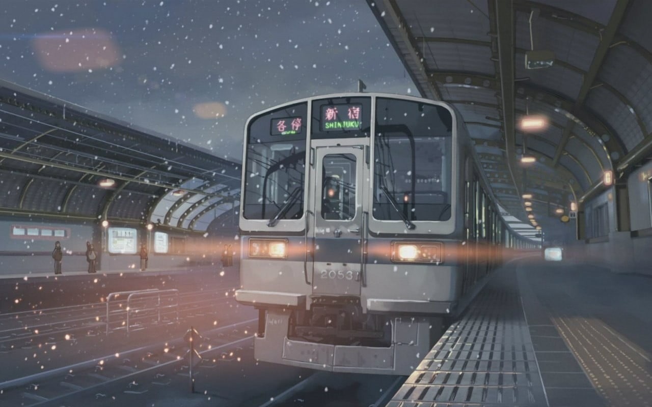 snow, rail transportation, architecture, night, train - vehicle, Makoto Shinkai , railroad station, gray, no people, orange, indoors, transportation, motion, HD Wallpaper