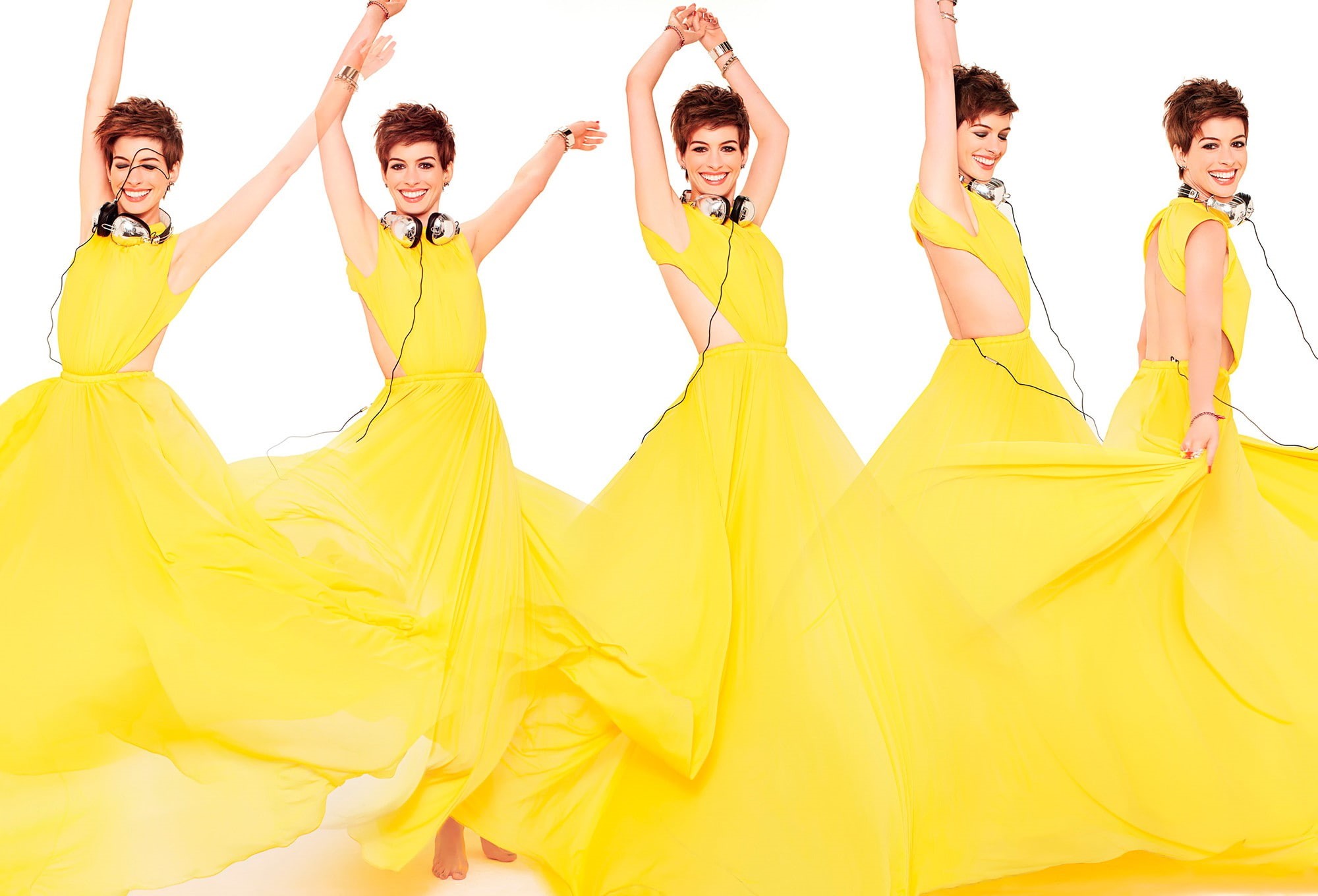 barefoot, young women, human arm, women, emotion, smiling, 1080P, photomontage, beautiful woman, fashion, Anne Hathaway, cut out, portrait, yellow dress, HD Wallpaper