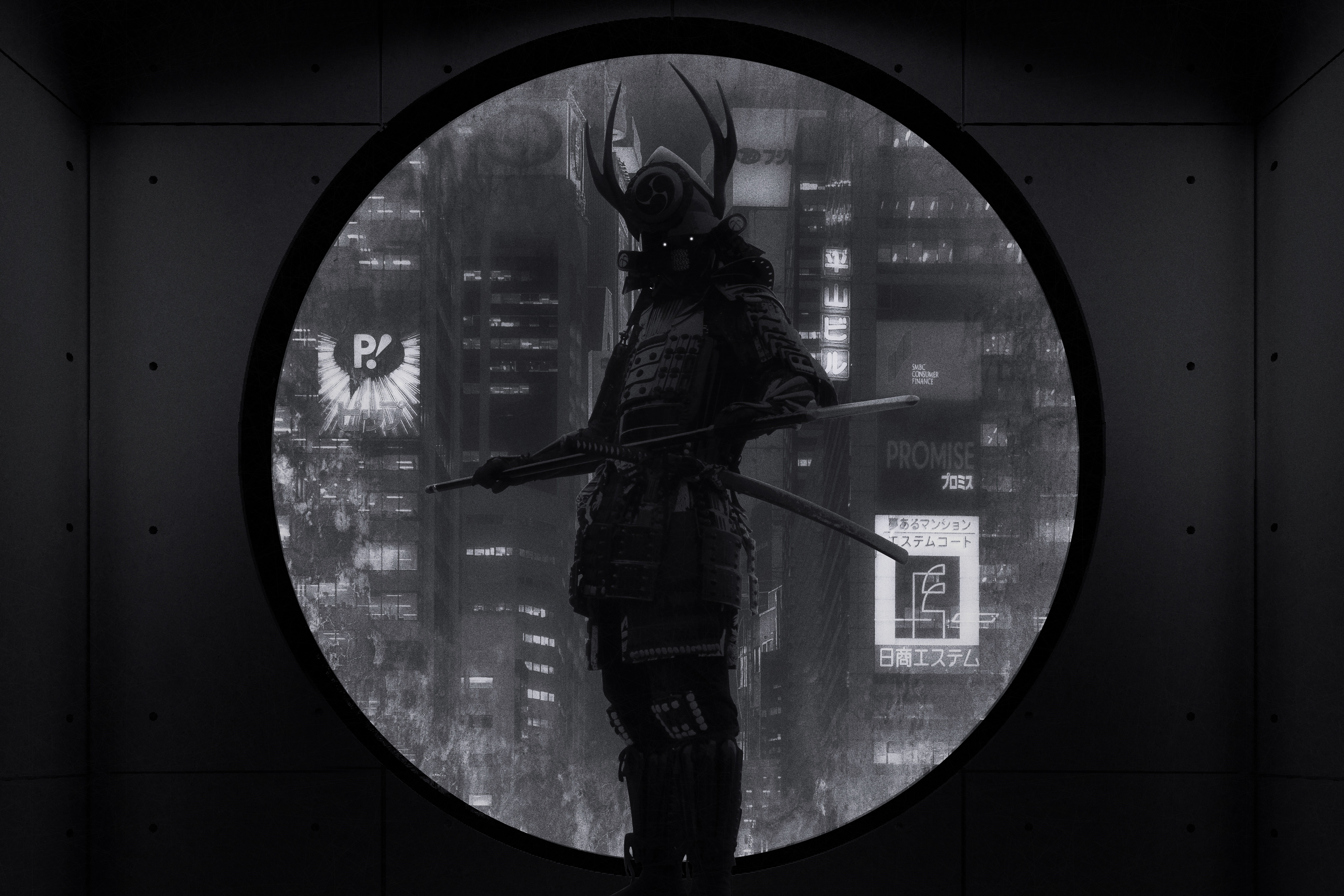 indoors, window, urban, transparent, samurai, standing, leisure activity, rain, photomontage, futuristic, fantasy, side view, japan, one person, lifestyles, HD Wallpaper