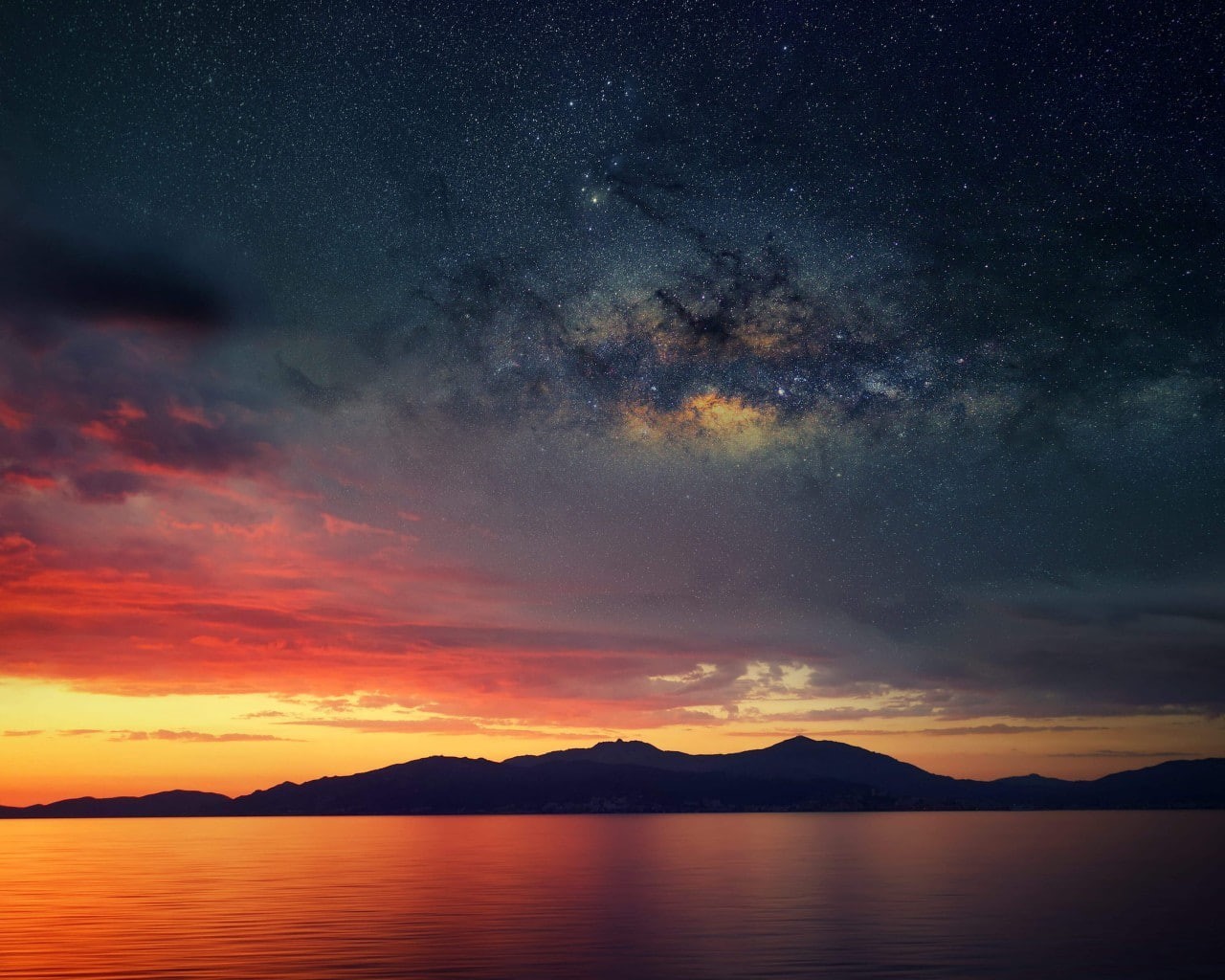 space art, landscape, orange sky, nature, photomontage, skyscape, sunset, mountains, 720P, HD Wallpaper