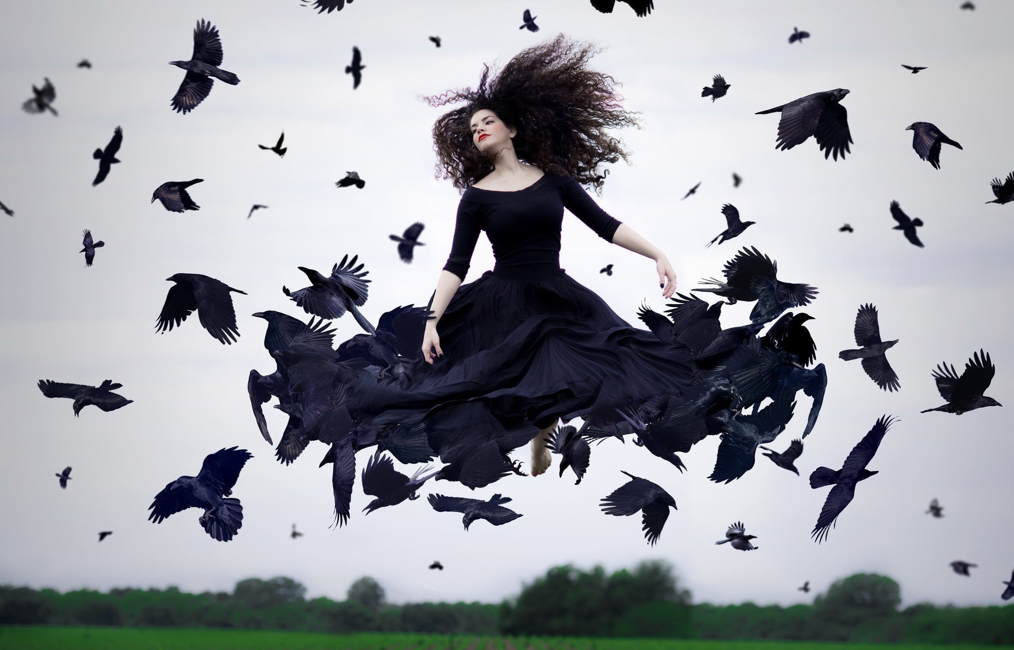 photomontage, women outdoors, brunette, crow, long hair, black clothing, women, witch, 1080P, HD Wallpaper