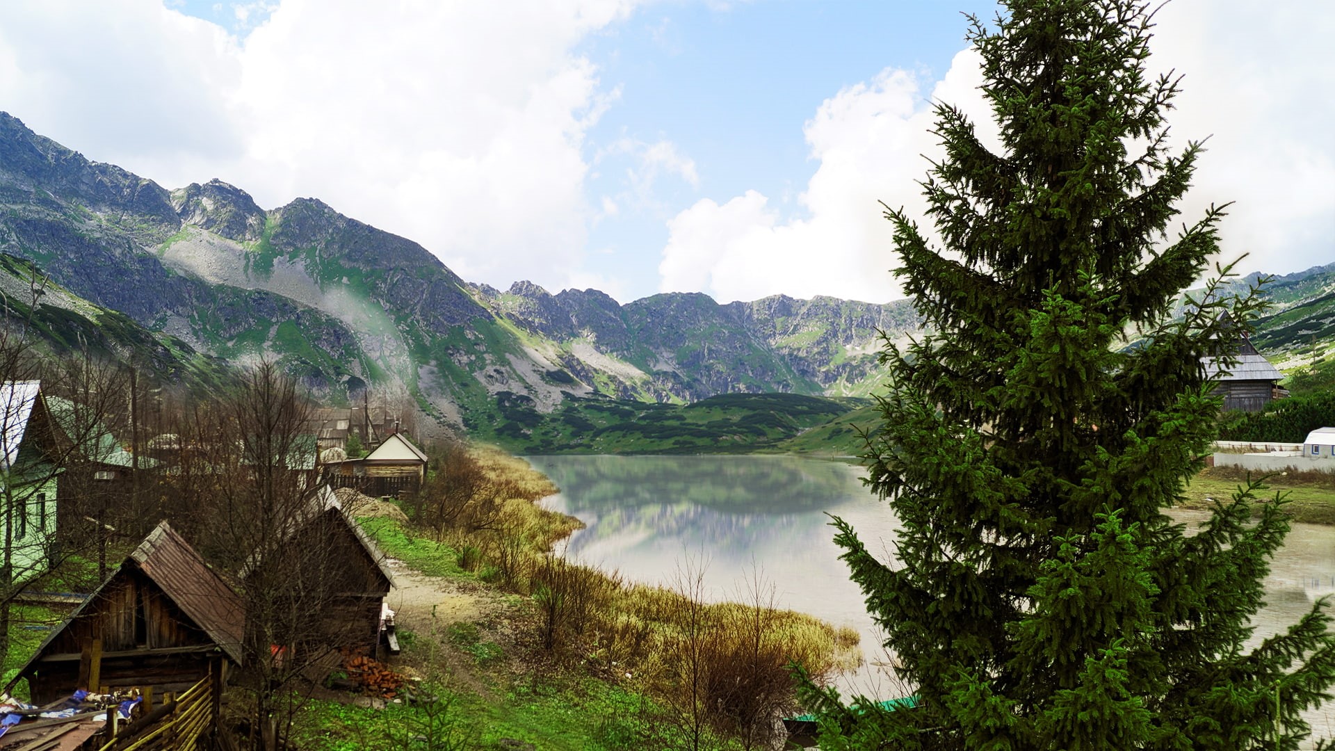 house, sky, photomontage, water, river, lake, landscape, 1080P, photo manipulation, clouds, trees, mountains, building, HD Wallpaper