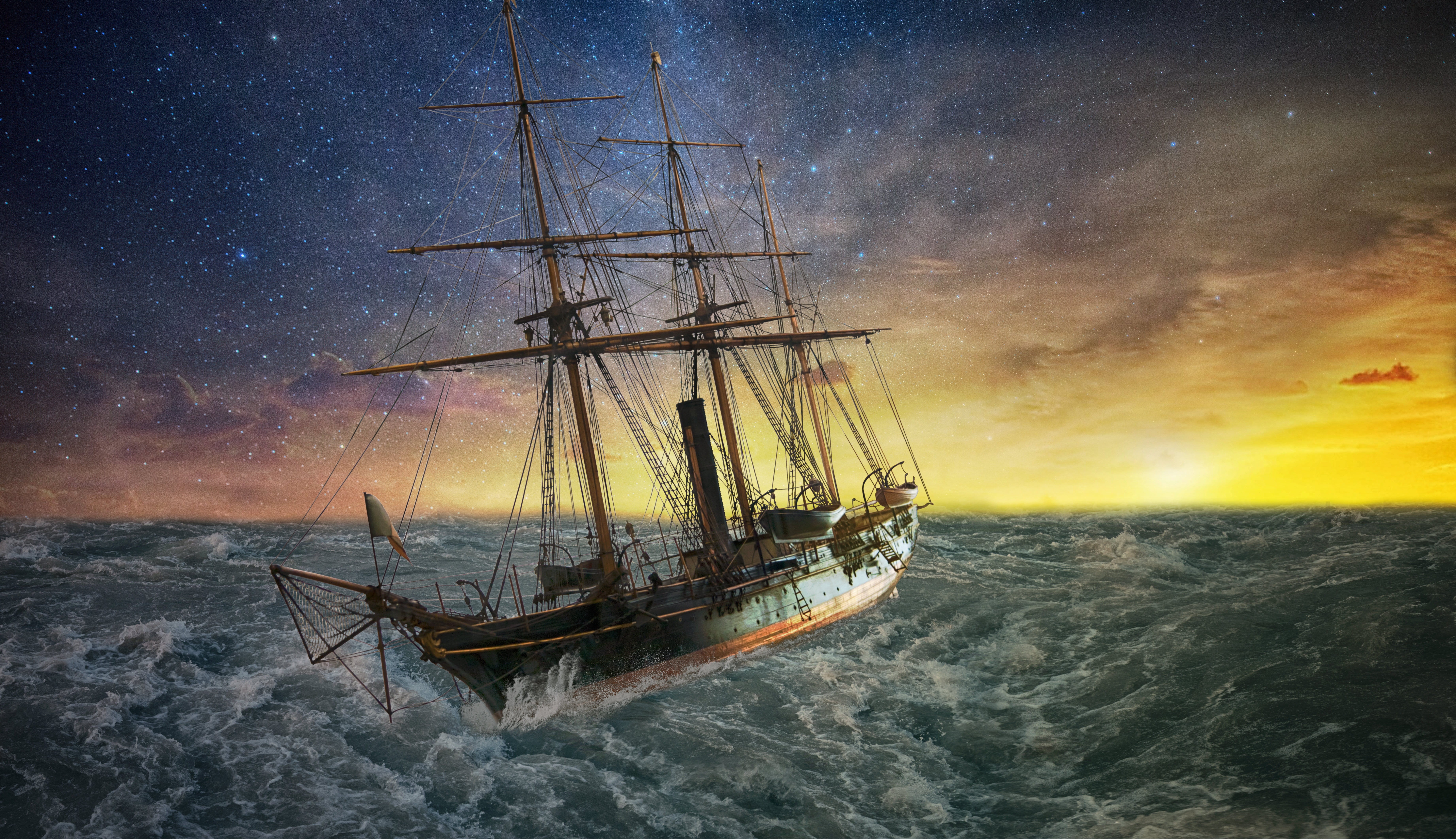 transportation, force of nature, ship, water, sailboat, scenics - nature, no people, outdoors, mode of transportation, sea, photomontage, forward, storm, HD Wallpaper