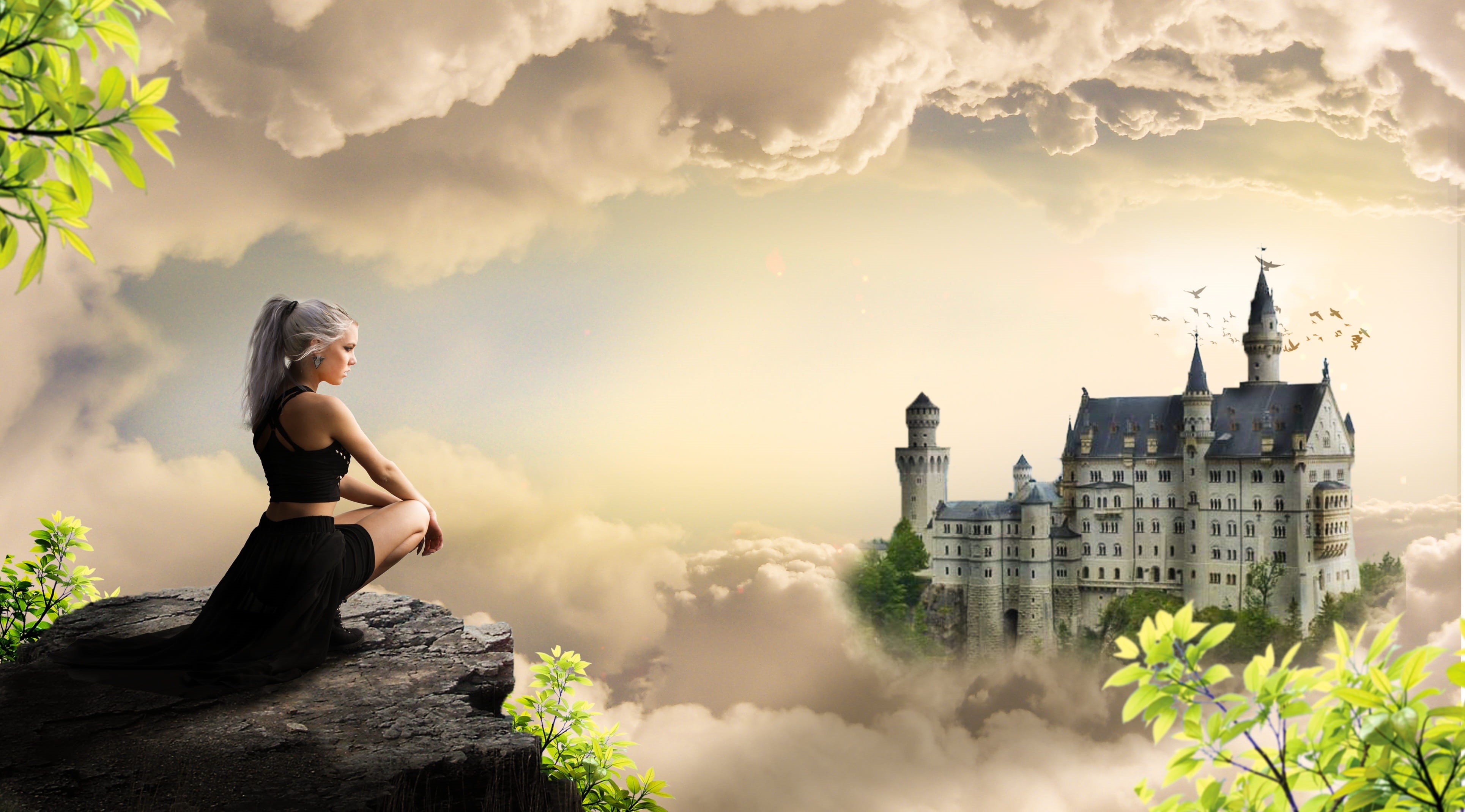 magic, women, hairstyle, young adult, clothing, cloud - sky, building, fantasy, tale, building exterior, mystical, castle, mood, woman, full length, young women, HD Wallpaper