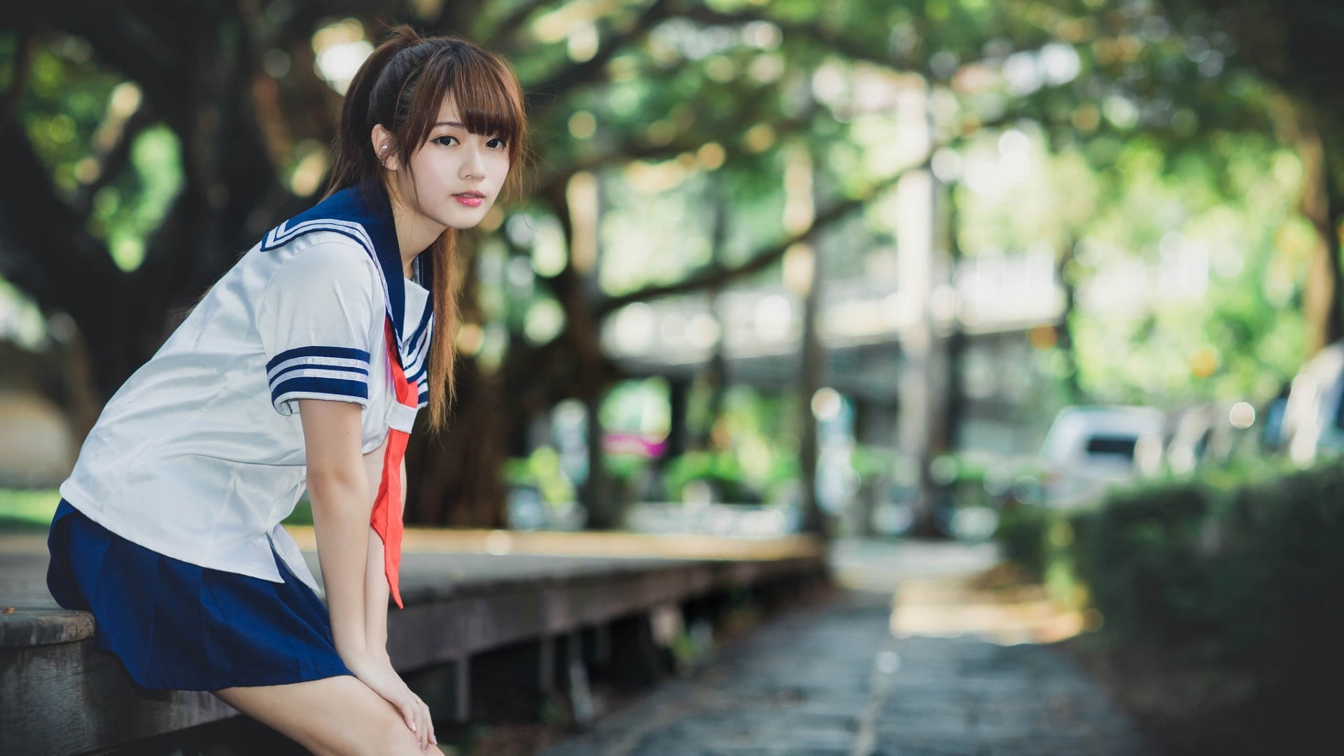 hairstyle, beautiful woman, women, ponytail, urban, photography, focus on foreground, outdoors, tie, standing, brunette, day, beauty, schoolgirl uniform, HD Wallpaper