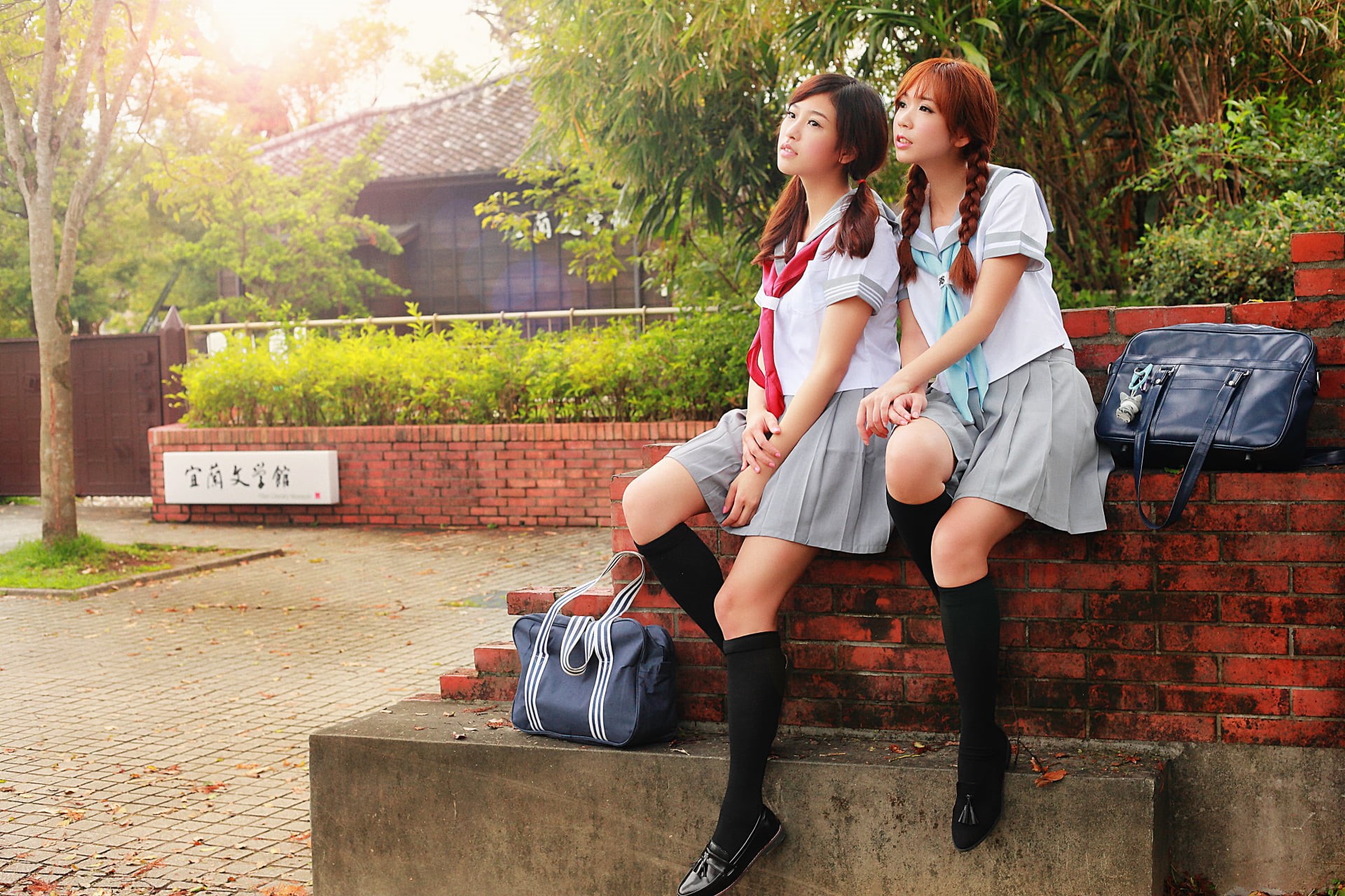 positive emotion, real people, Asian, leisure activity, sunlight, school uniform, model, casual clothing, architecture, women, full length, two people, HD Wallpaper