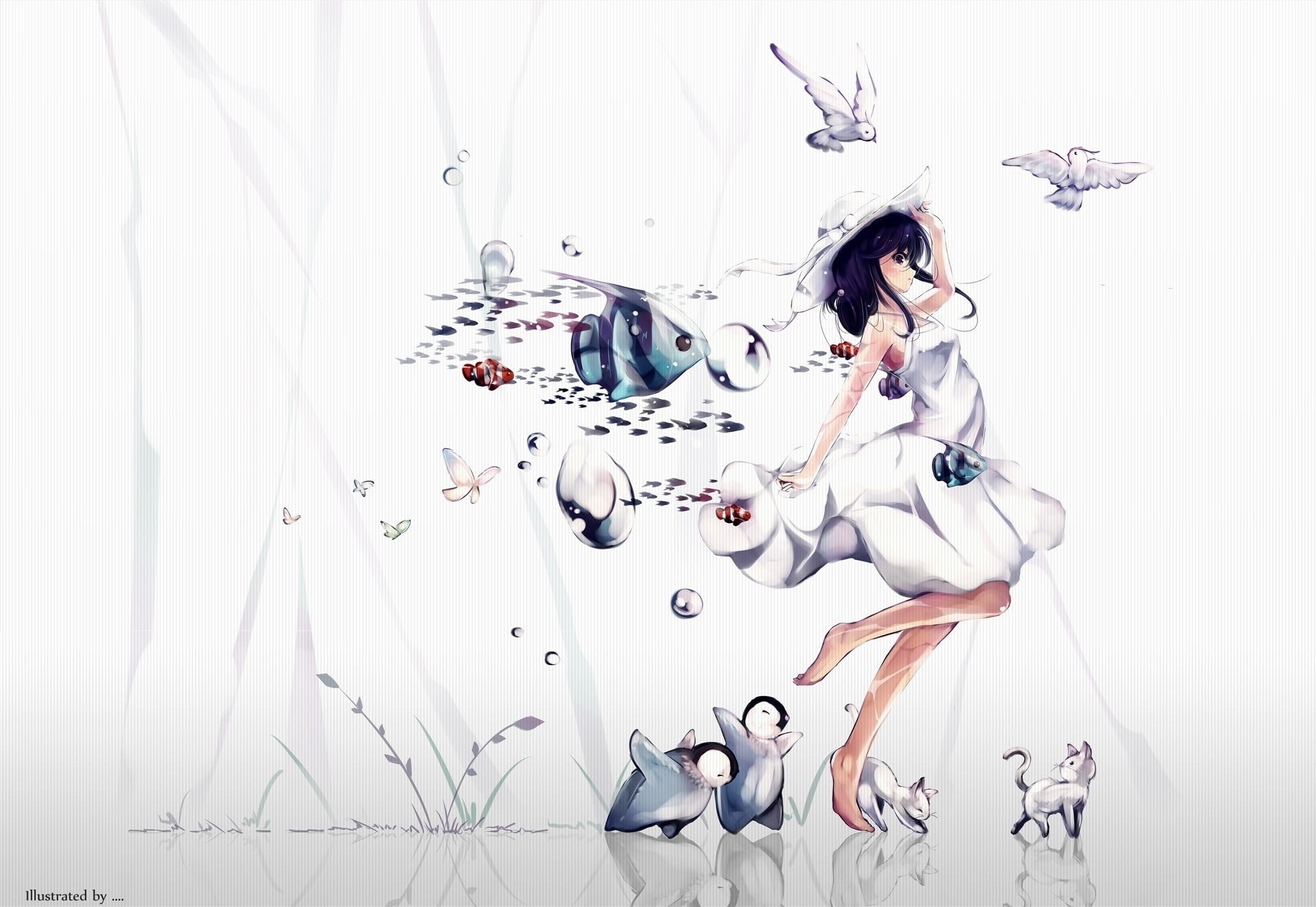 women, indoors, long hair, dress, adult, hair, young adult, fantasy art, penguins, animals, hairstyle, cat, digital composite, casual clothing, 1080P, HD Wallpaper
