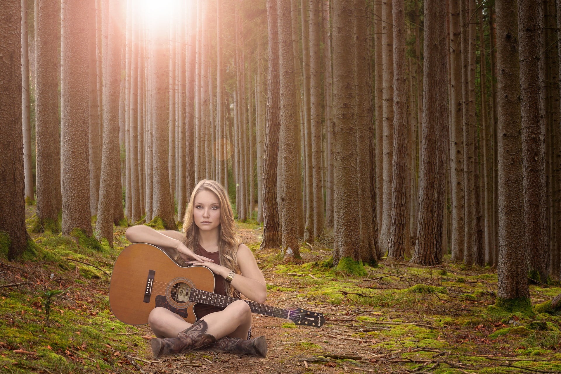 post  processing, guitarist, female, sitting, outdoors, 1080P, cs6, sit, people, musician, classical guitar, digital, Rockstar, guitar, attribution, cc, HD Wallpaper