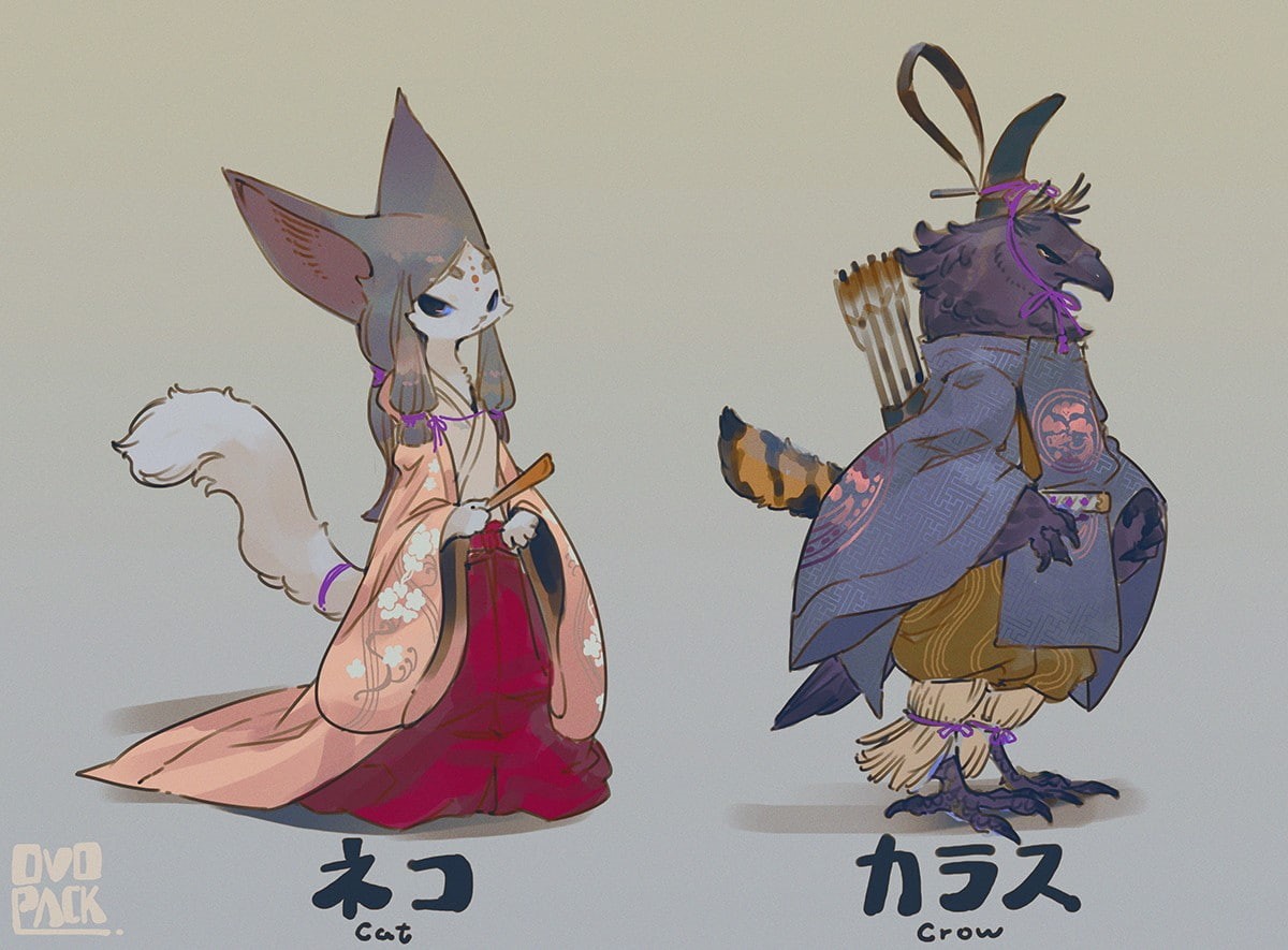 Anthro, birds, cat, furry, artwork, kimono, ovopack, crow, animal ears, digital art, 480P, tail, bow and arrow, HD Wallpaper