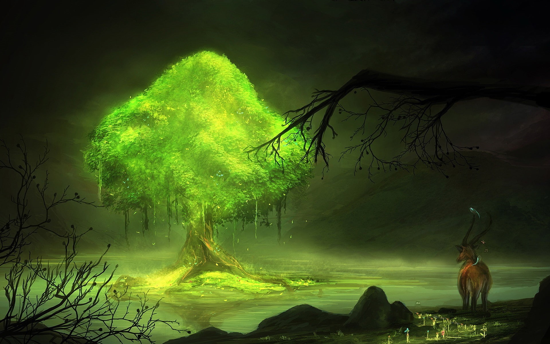 branch, 1080P, glowing, fantasy art, animals, water, nature, stones, trees, birds, hills, deer, leaves, digital art, HD Wallpaper