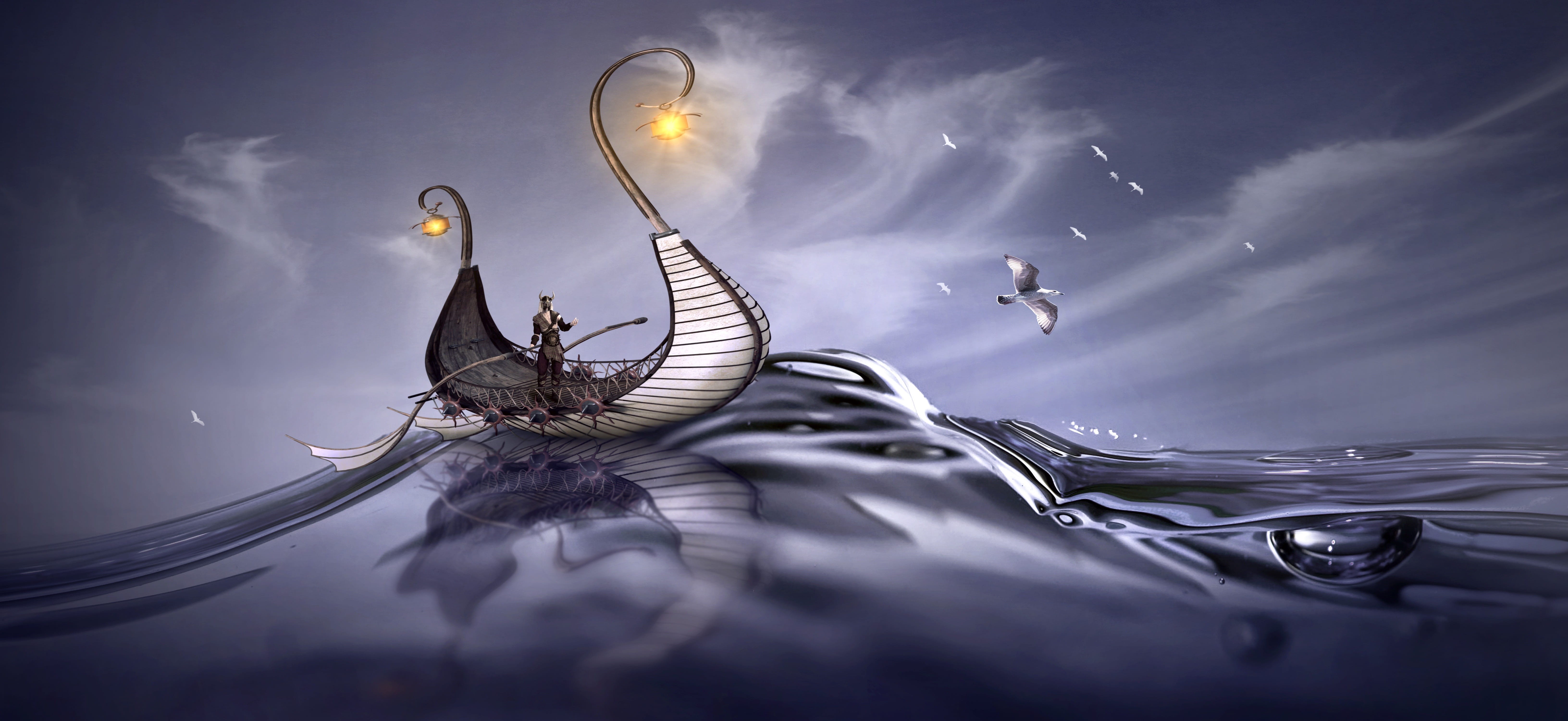 fantasy, no people, mirroring, one animal, cloud - sky, magical, ocean, outdoors, boat, photomontage, 5K, invertebrate, ship, beauty in nature, animal wing, HD Wallpaper