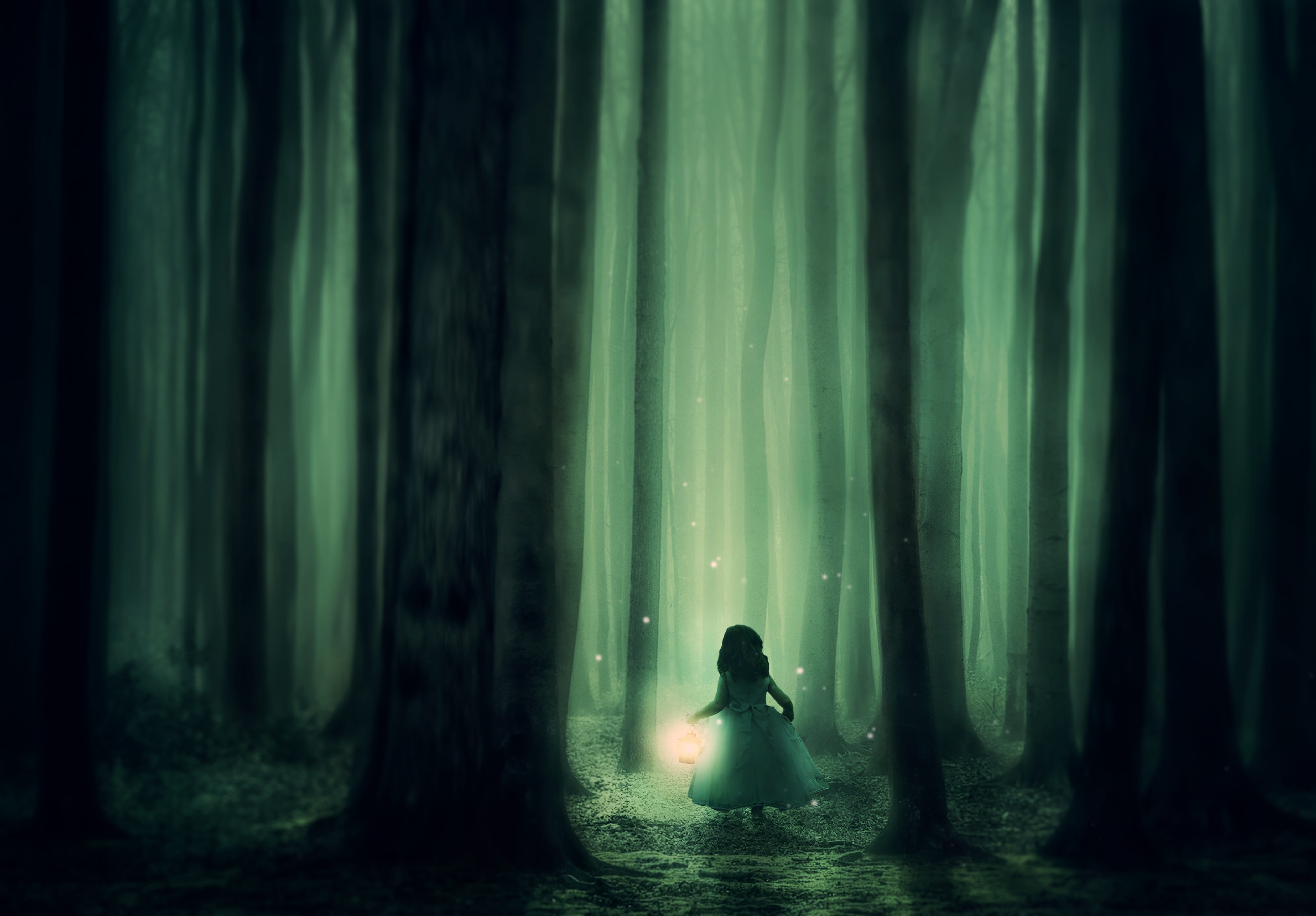 land, girl, dreamlike, tree, trees, idyllic, alone, night, mystical, atmosphere, real people, adventure, lantern, women, child, photomontage, scenics - nature, HD Wallpaper