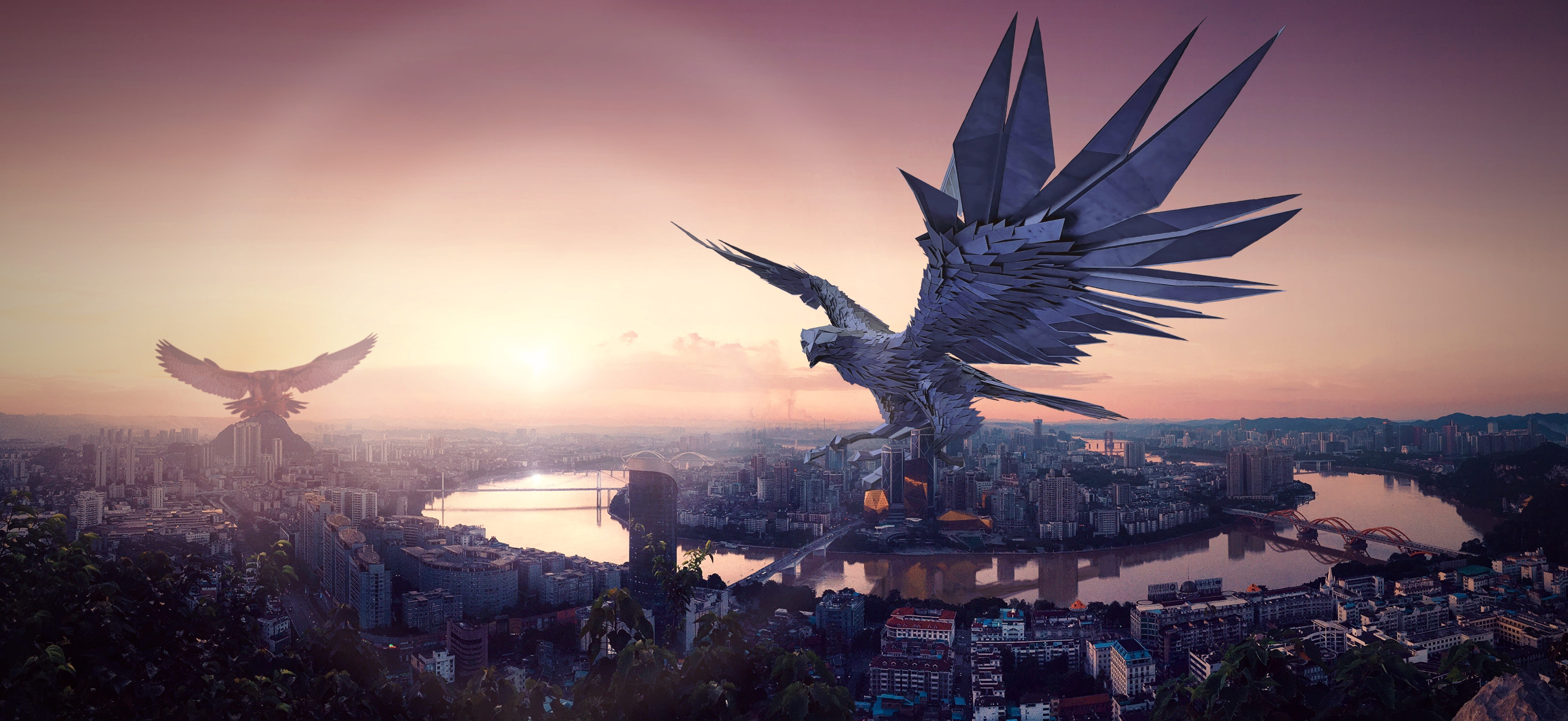mood, forward, art and craft, river, sunset, cityscape, adler, fantastic, animal themes, silhouette, built structure, gigantic, flying, horizon, backlighting, HD Wallpaper