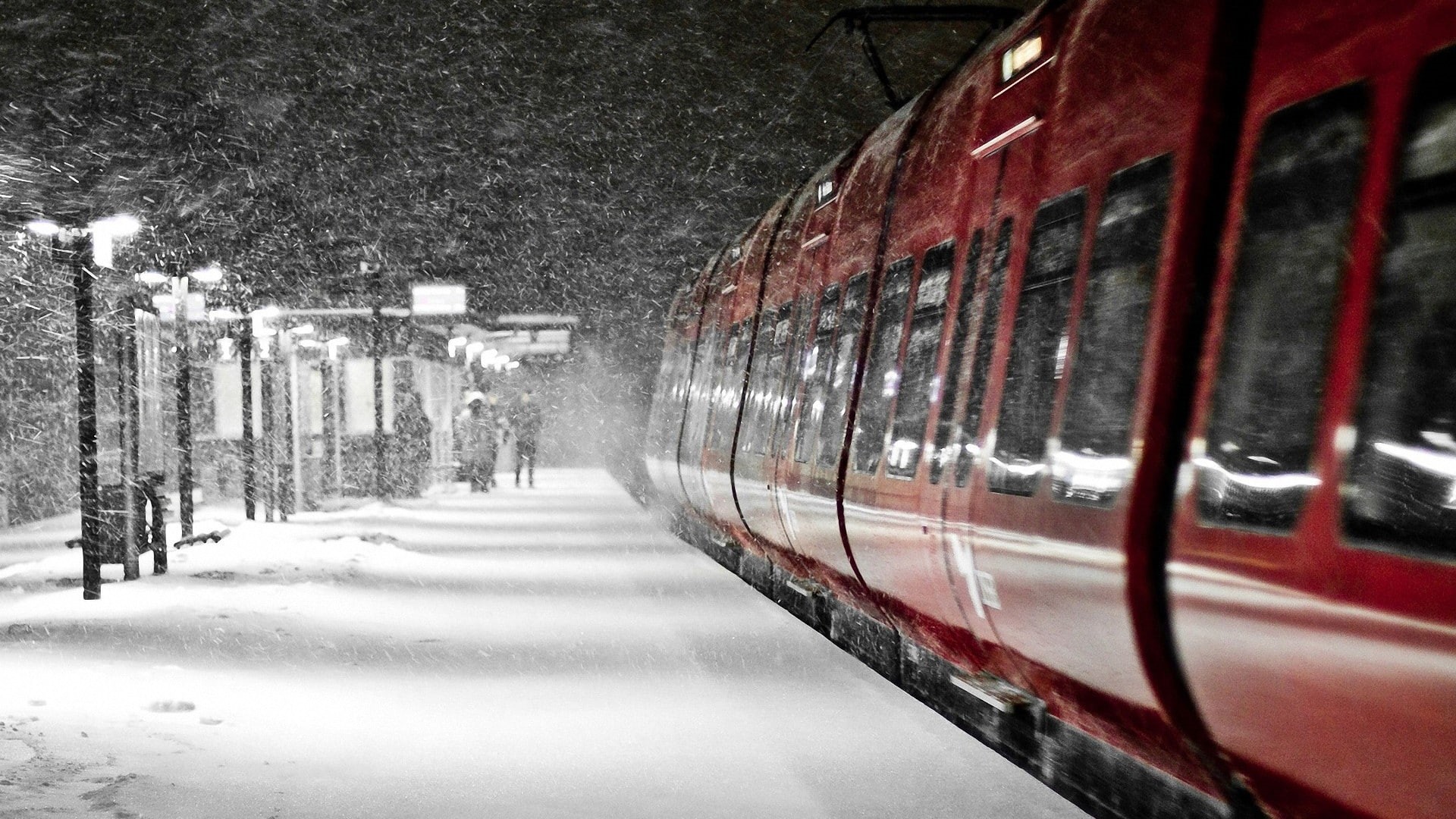 train - vehicle, train, winter, 1080P, outdoors, snowing, incidental people, rail transportation, cold temperature, snow, city, transportation, motion, HD Wallpaper
