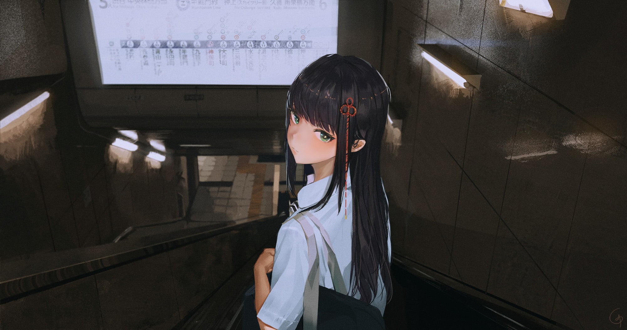 green eyes, train station, Persona 5, long hair, 1080P, school uniform, black hair, escalator, HD Wallpaper