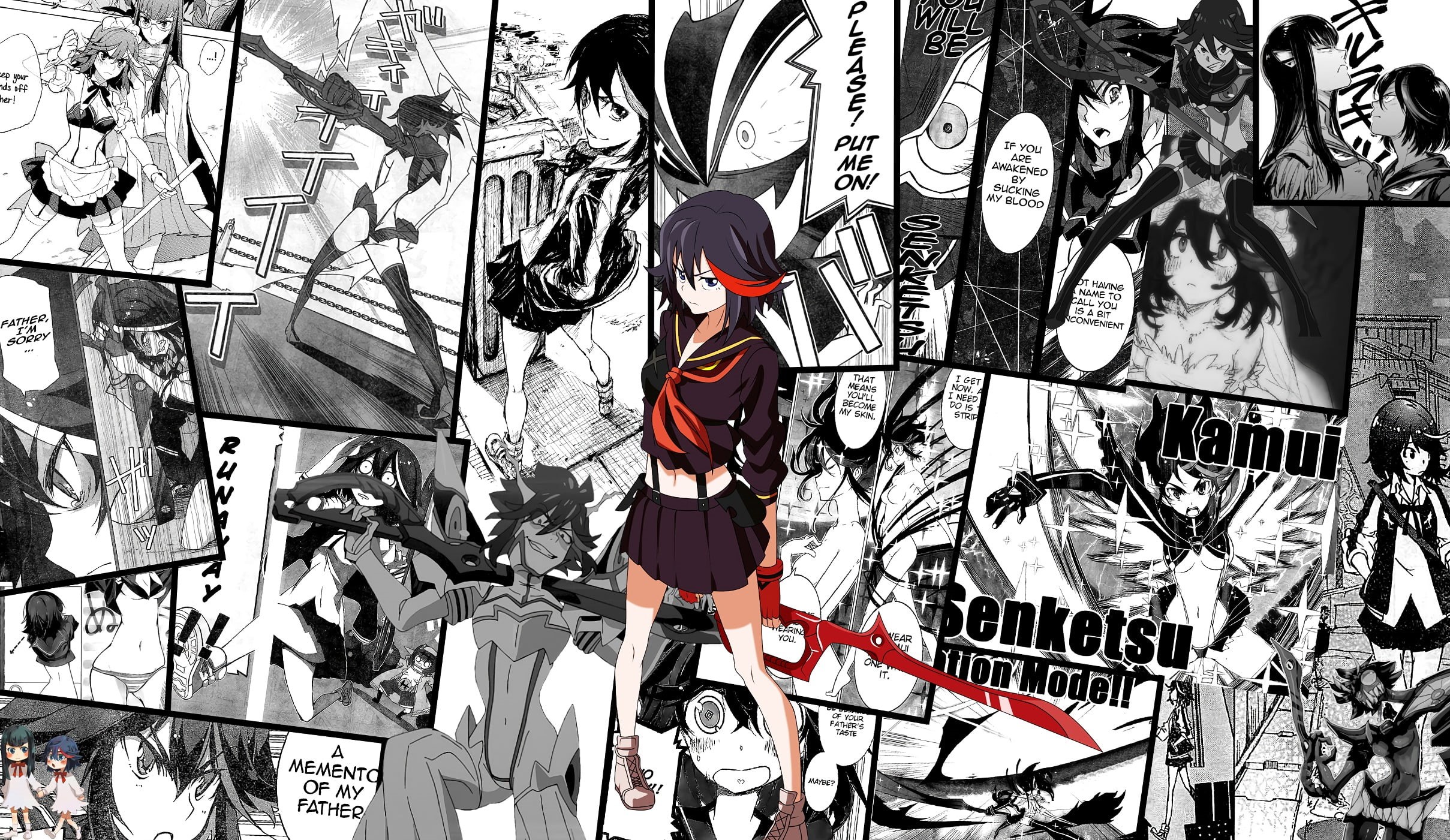 collection, creativity, standing, fan art, Matoi Ryuuko, female likeness, school uniform, wall - building feature, indoors, day, Senketsu, human representation, HD Wallpaper