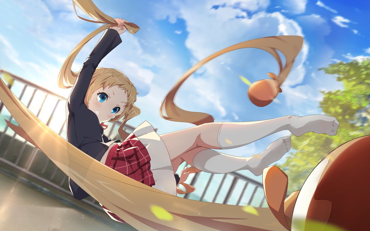 blue eyes, white stockings, white skin, school uniform, Dekomori Sanae, anime girls, Chuunibyou demo Koi ga Shitai!, blonde, long hair, anime, blond hair, HD Wallpaper