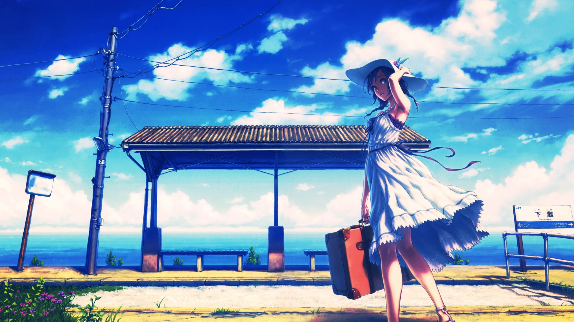 anime, hat, dress, sky, 1080P, train station, anime girls, HD Wallpaper