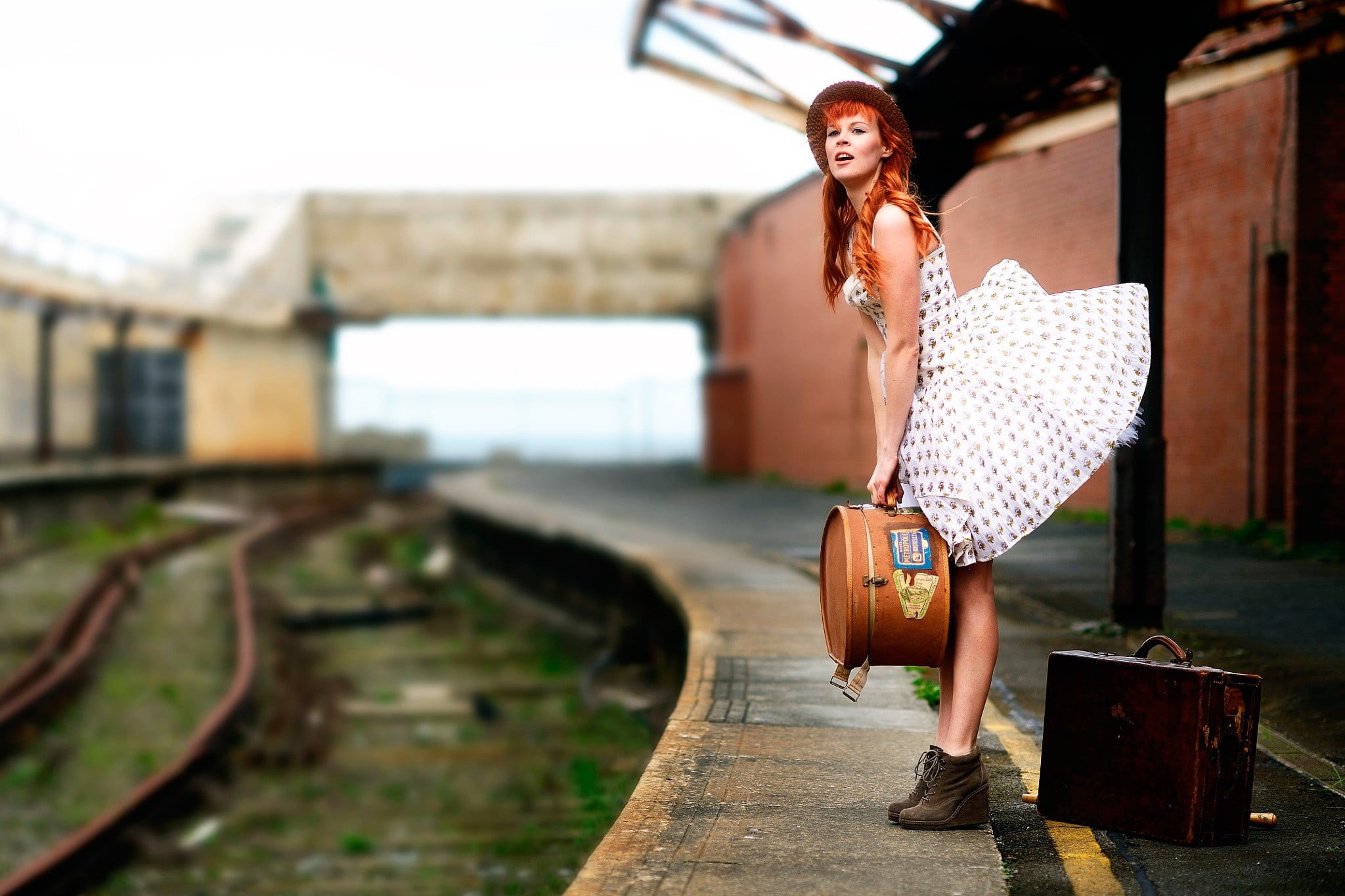hairstyle, young women, rail transportation, railroad track, transportation, adult, casual clothing, beauty, luggage, 1080P, beautiful woman, real people, HD Wallpaper
